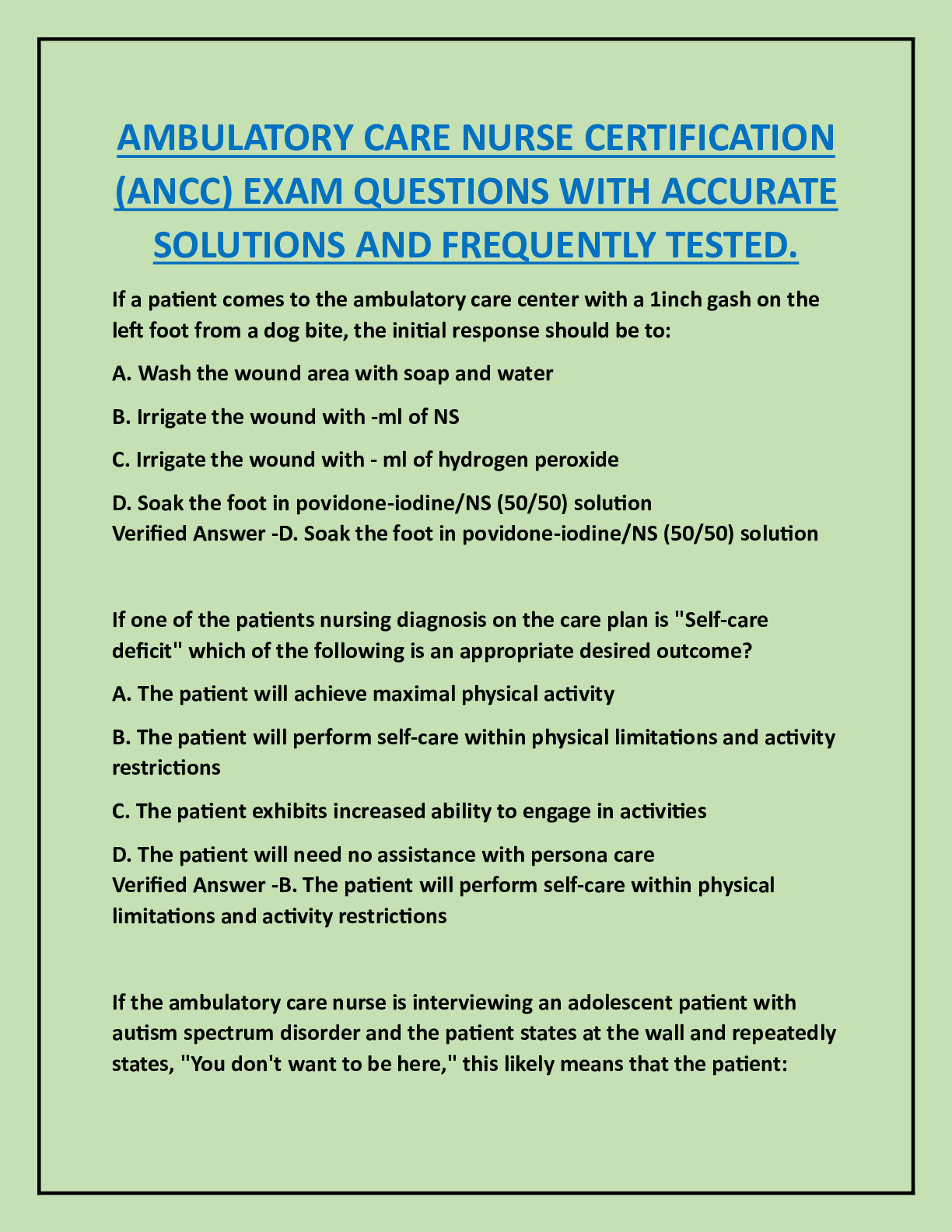 Preview image for AMBULATORY CARE NURSE CERTIFICATION  (ANCC) EXAM QUESTIONS WITH ACCURATE  SOLUTIONS AND FREQUENTLY TESTED