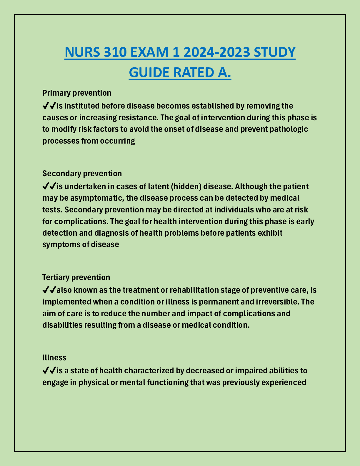 Preview image for NURS 310 EXAM 1 2024-2023 STUDY  GUIDE RATED A.