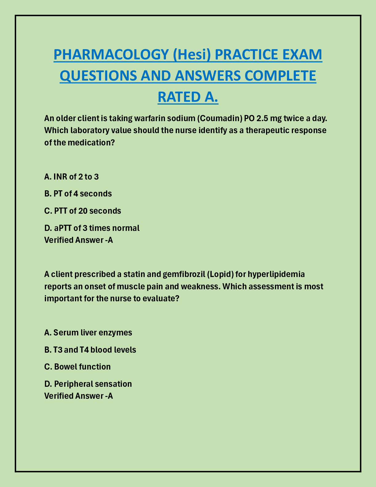 Preview image for PHARMACOLOGY (Hesi) PRACTICE EXAM  QUESTIONS AND ANSWERS COMPLETE  RATED A.