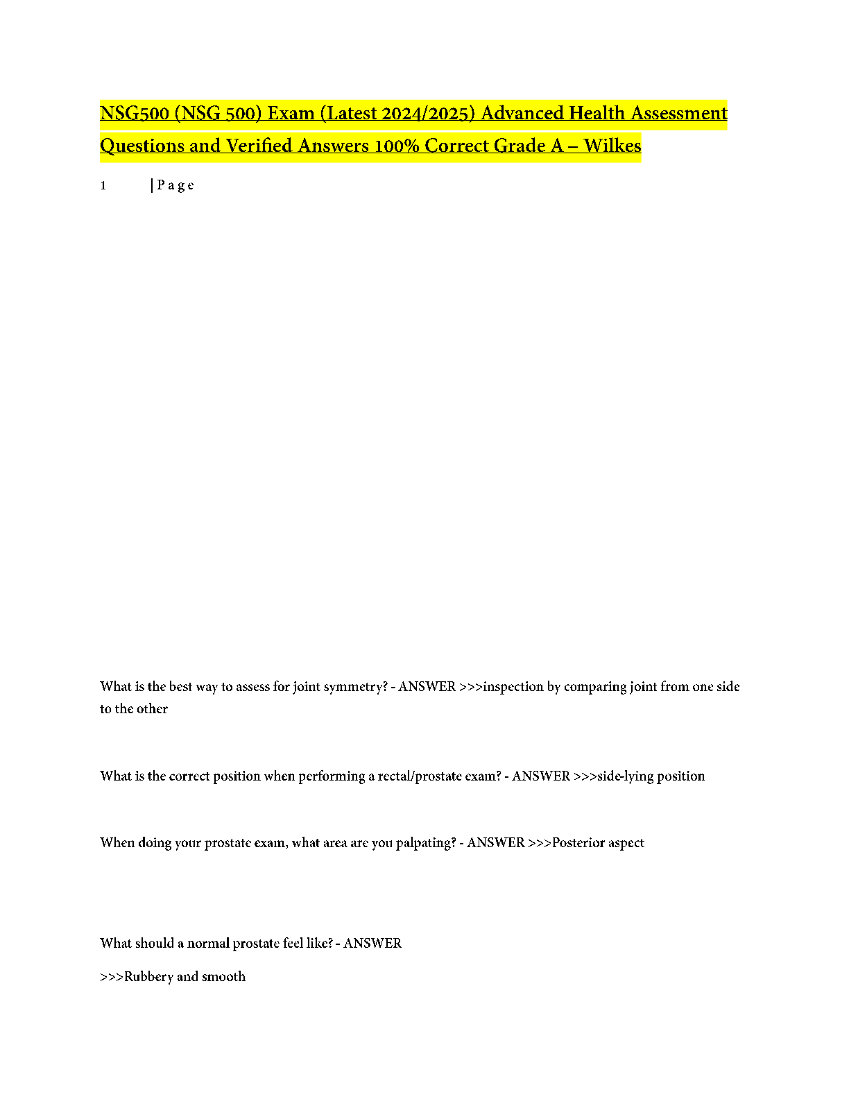 Preview image for NSG500 (NSG 500) Exam (Latest 2024/2025) Advanced Health Assessment Questions and Verified Answers 100% Correct Grade A - Wilkes