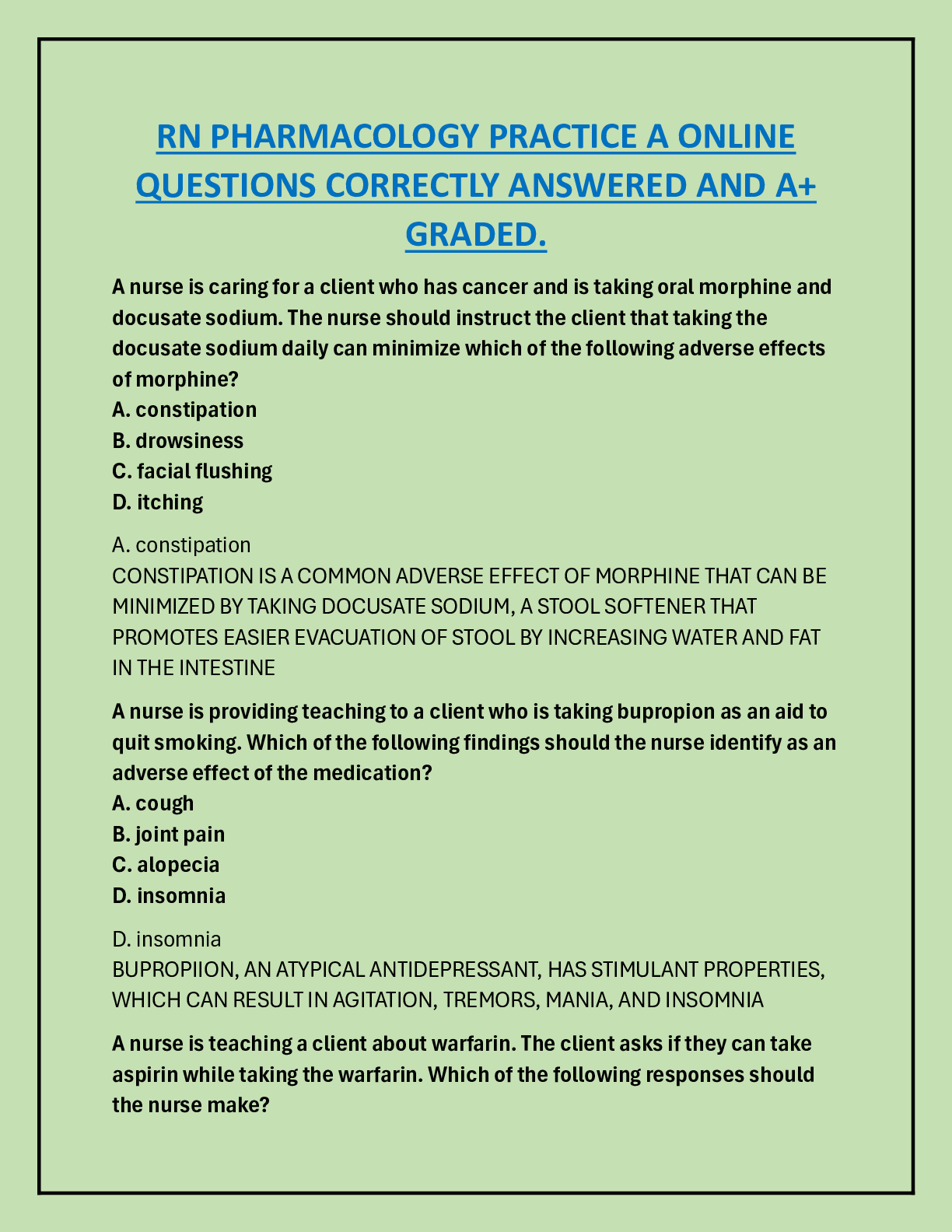 Preview image for RN PHARMACOLOGY PRACTICE A ONLINE  QUESTIONS CORRECTLY ANSWERED AND A+  GRADED