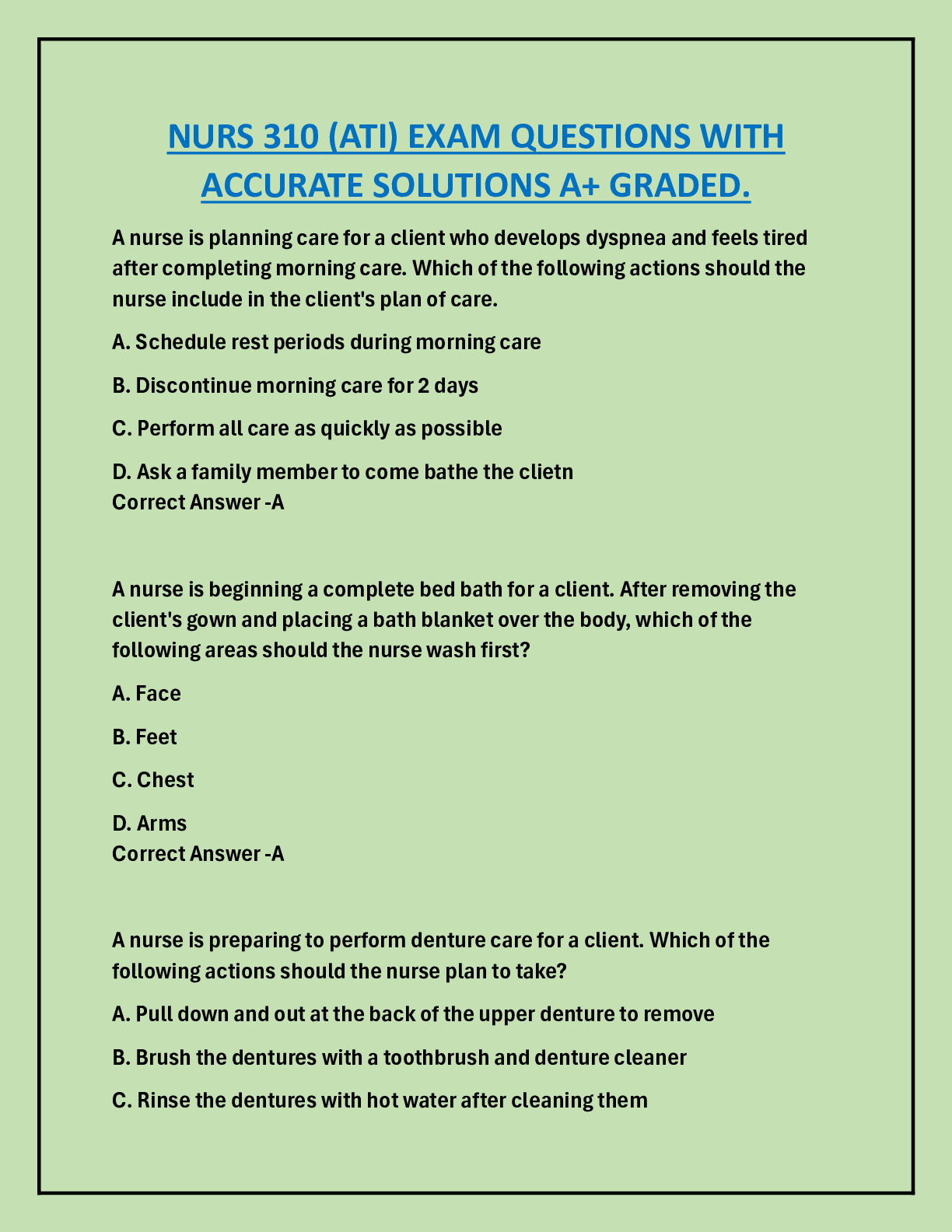 Preview image for NURS 310 (ATI) EXAM QUESTIONS WITH  ACCURATE SOLUTIONS A+ GRADED.
