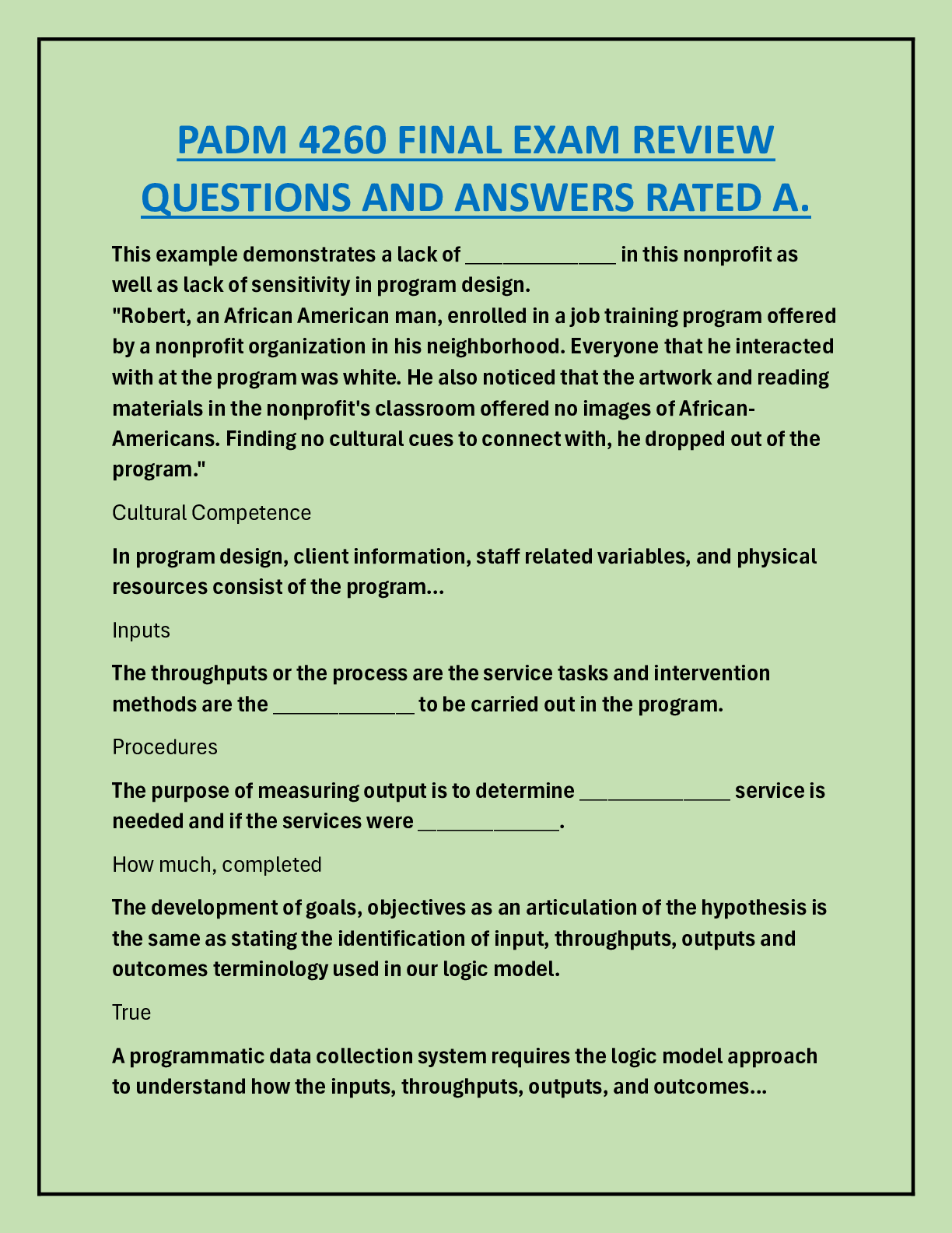 Preview image for PADM 4260 FINAL EXAM REVIEW  QUESTIONS AND ANSWERS RATED A.