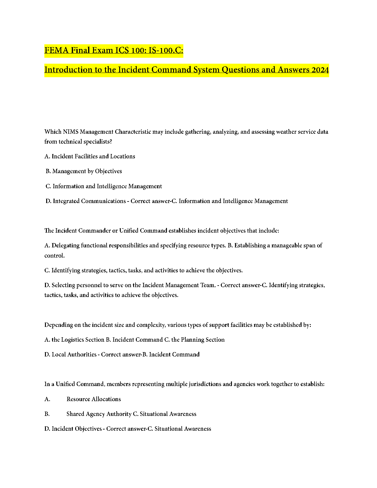 Preview image for FEMA Final Exam ICS 100: IS-100.C: Introduction to the Incident Command System Questions and Answers 2024 updated.