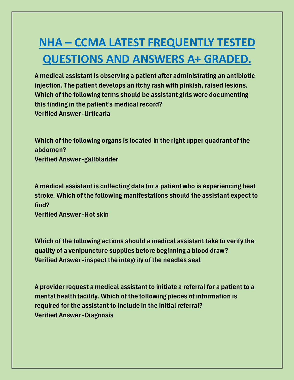 Preview image for NHA – CCMA LATEST FREQUENTLY TESTED  QUESTIONS AND ANSWERS A+ GRADED.