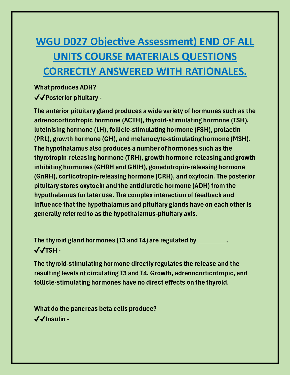 Preview image for WGU D027 (Objective Assessment) END OF ALL  UNITS COURSE MATERIALS QUESTIONS  CORRECTLY ANSWERED WITH RATIONALES.