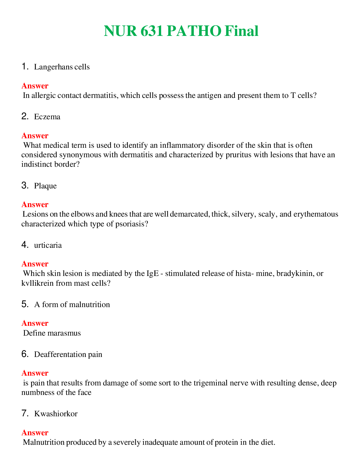 NUR 631   PATHO FINAL | A SOLVED 100% CORRECT