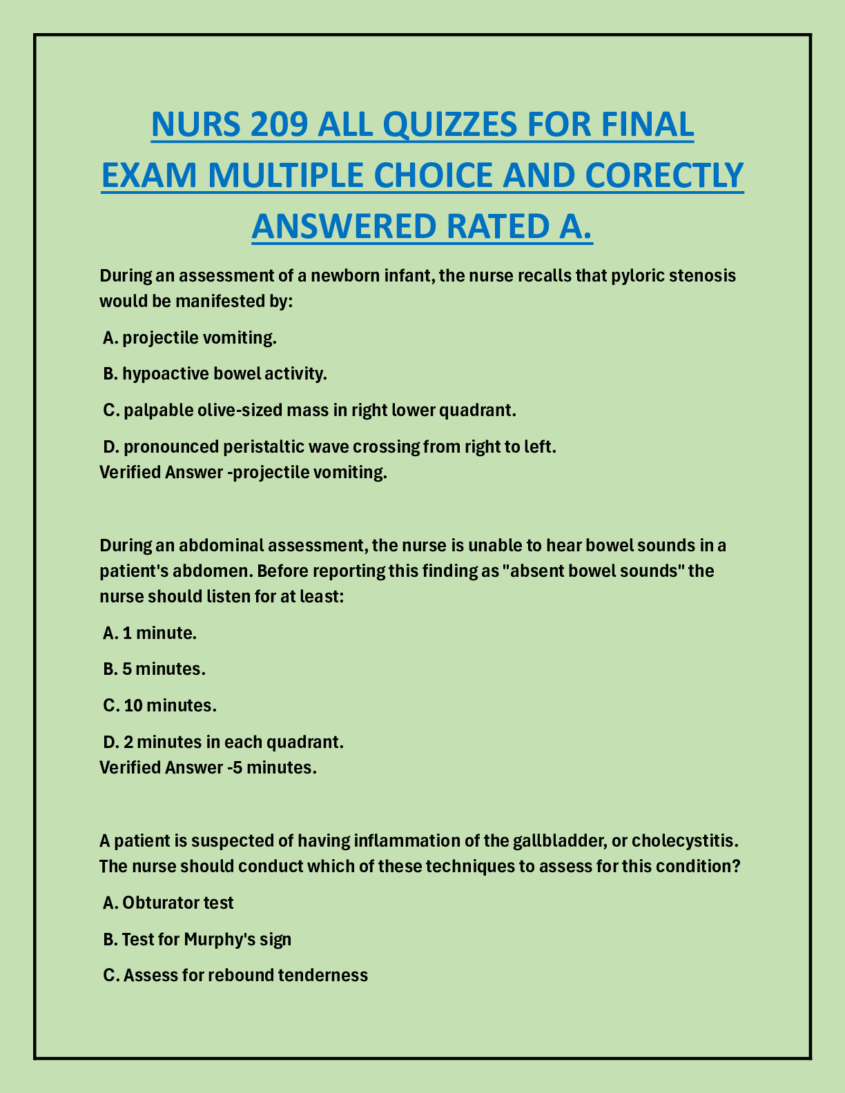 Preview image for NURS 209 ALL QUIZZES FOR FINAL  EXAM MULTIPLE CHOICE AND CORECTLY  ANSWERED RATED A.