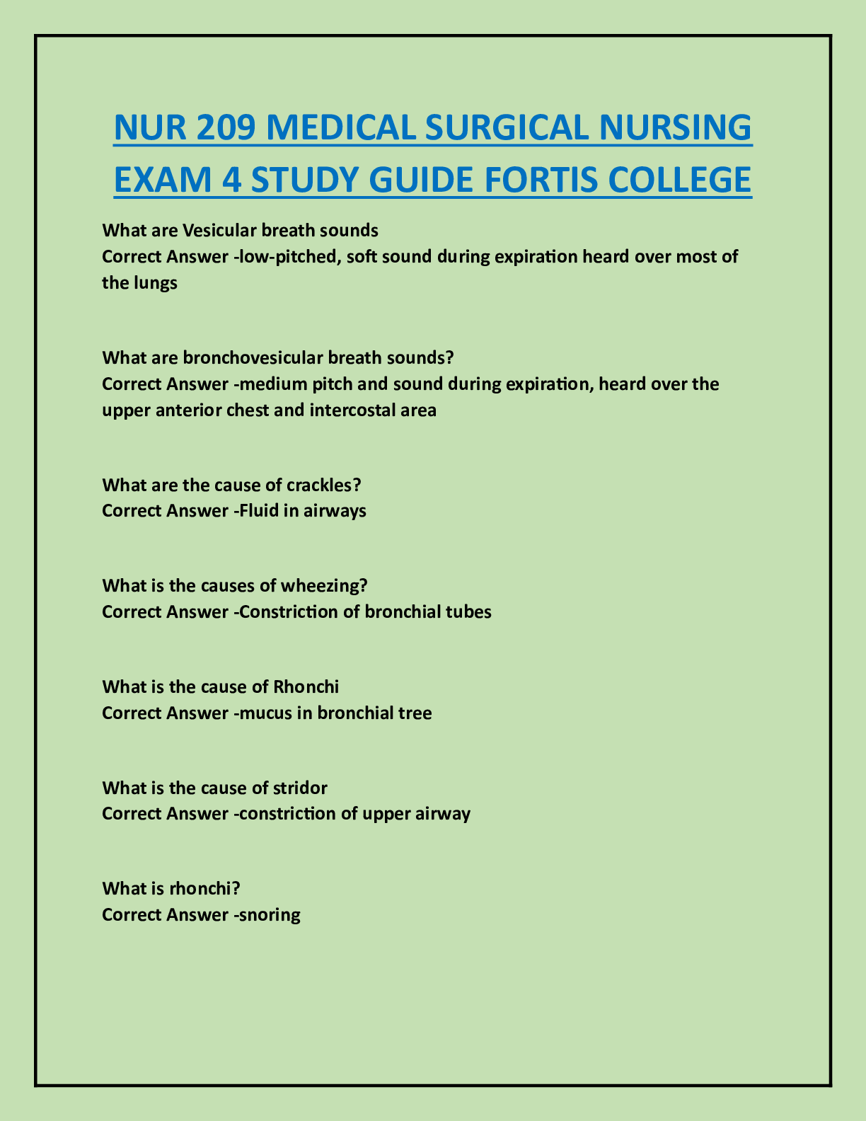 Preview image for NUR 209 MEDICAL SURGICAL NURSING  EXAM 4 STUDY GUIDE FORTIS COLLEGE