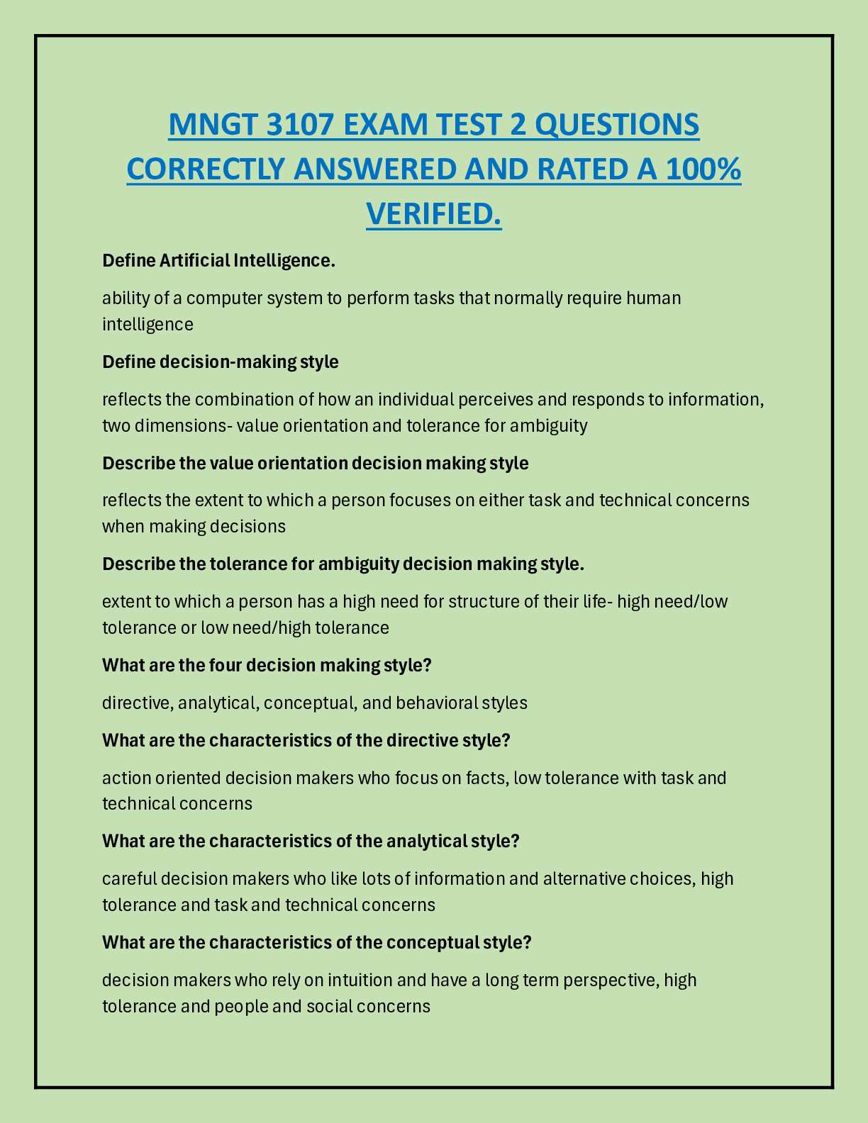 Preview image for MNGT 3107 EXAM TEST 2 QUESTIONS  CORRECTLY ANSWERED AND RATED A 100%  VERIFIED.