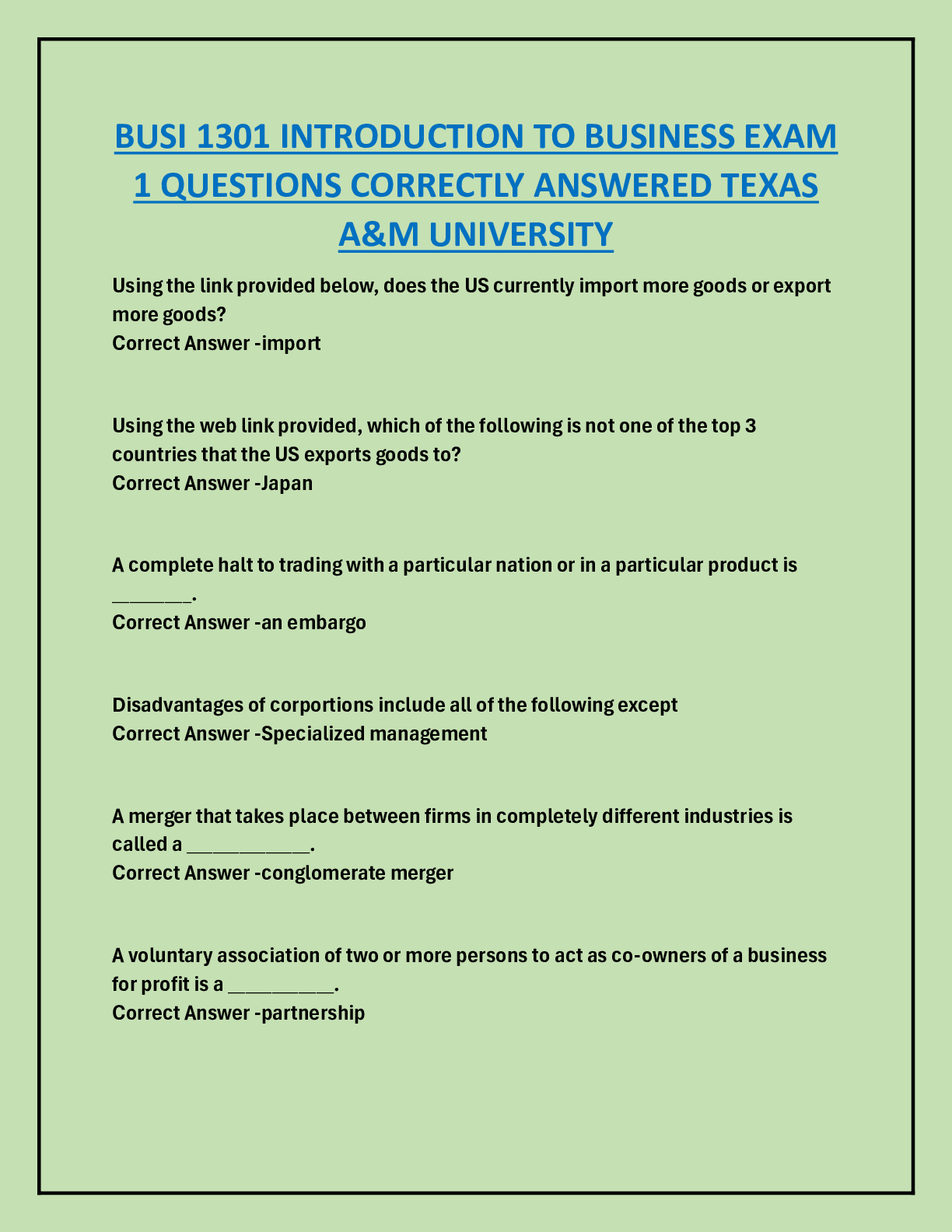 Preview image for BUSI 1301 INTRODUCTION TO BUSINESS EXAM  1 QUESTIONS CORRECTLY ANSWERED TEXAS  A&M UNIVERSITY