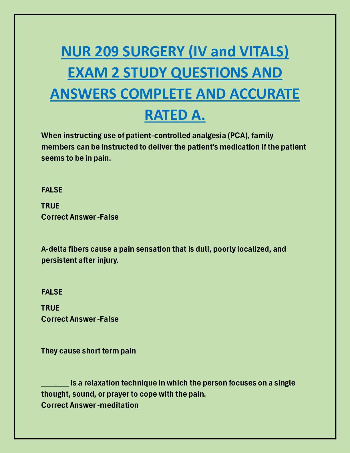 Preview image for NUR 209 SURGERY (IV and VITALS)  EXAM 2 STUDY QUESTIONS AND  ANSWERS COMPLETE AND ACCURATE  RATED A.