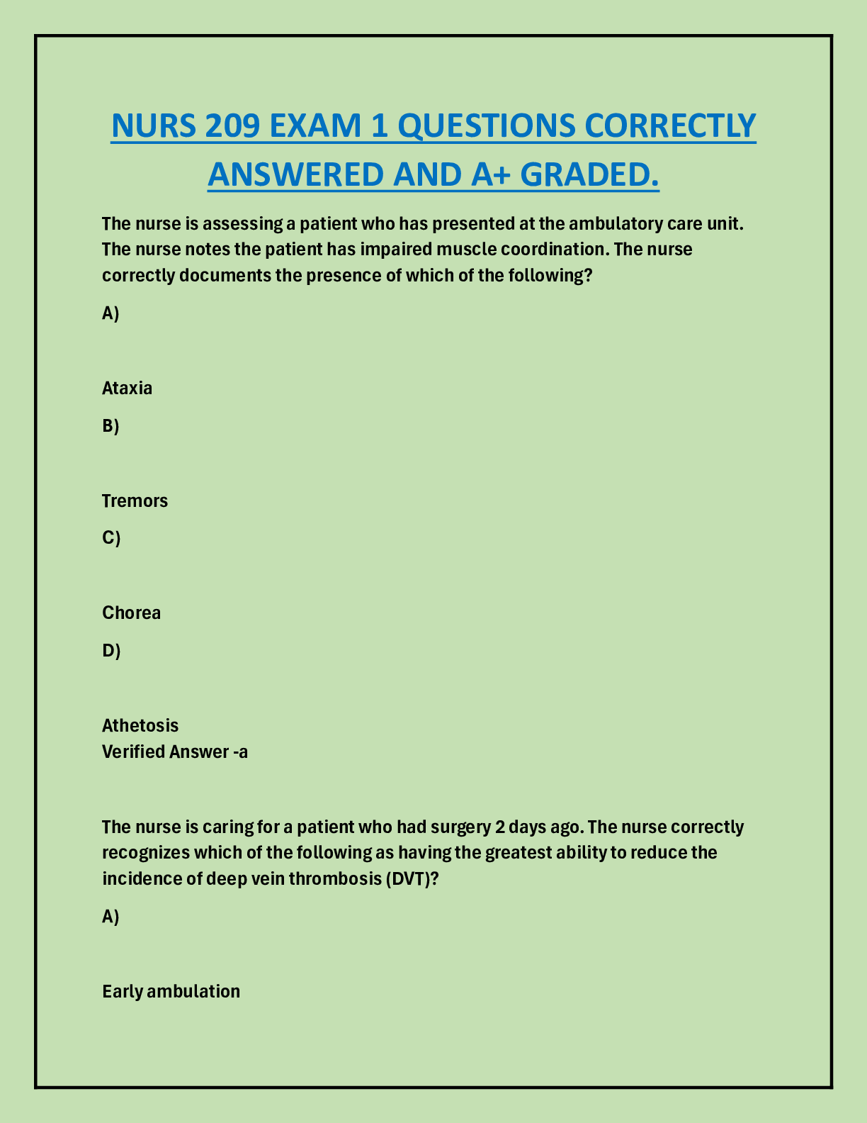 Preview image for NURS 209 EXAM 1 QUESTIONS CORRECTLY  ANSWERED AND A+ GRADED.