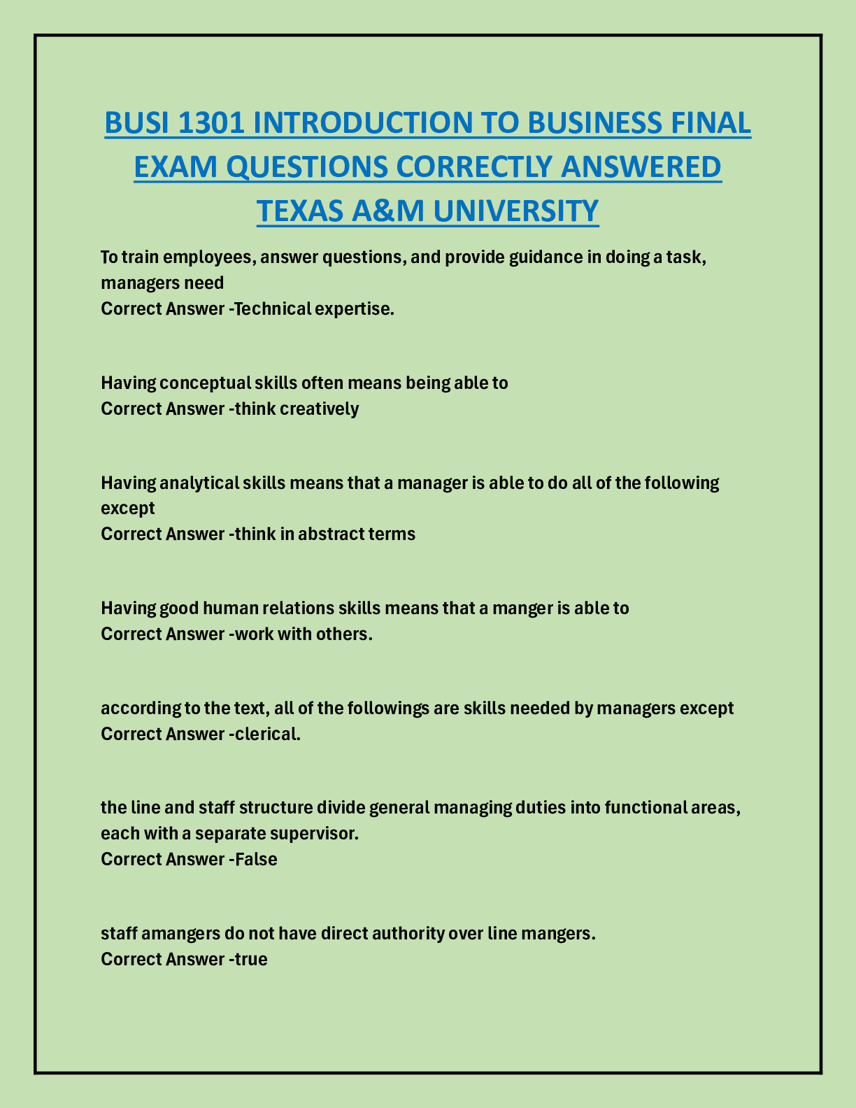 Preview image for BUSI 1301 INTRODUCTION TO BUSINESS FINAL  EXAM QUESTIONS CORRECTLY ANSWERED TEXAS A&M UNIVERSITY