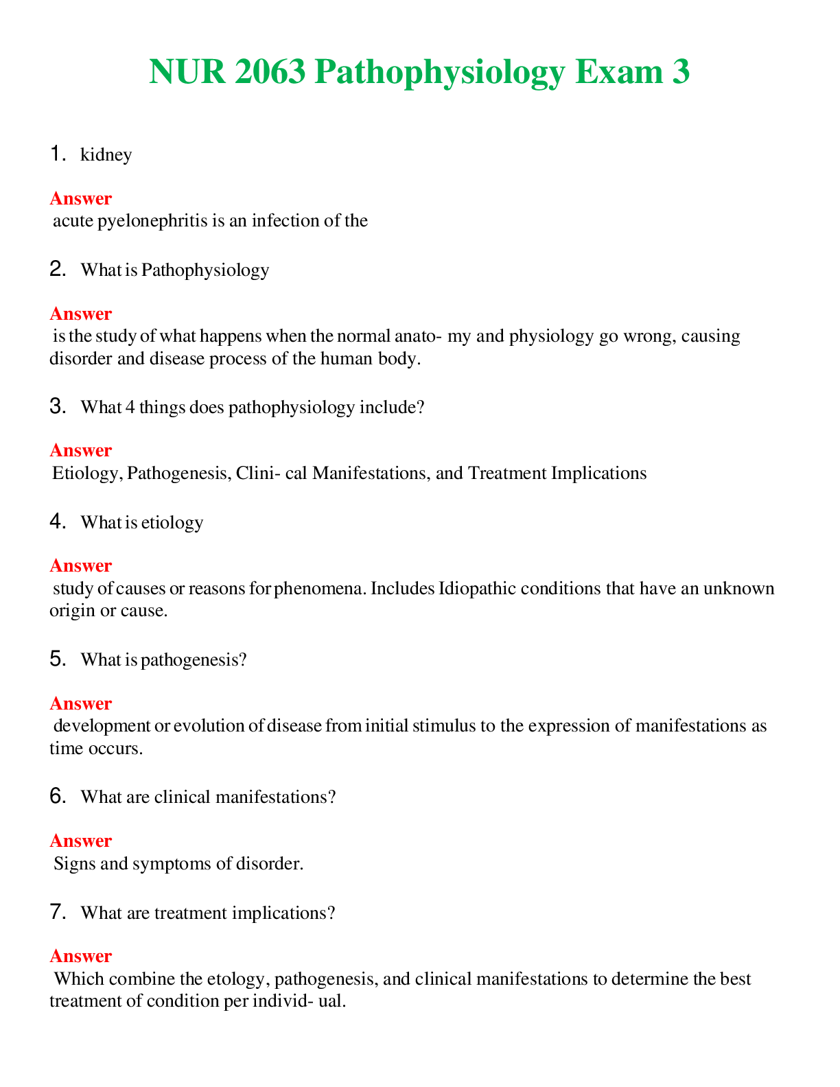 NUR 2063   PATHOPHYSIOLOGY EXAM 3 | A SOLVED 100% CORRECT