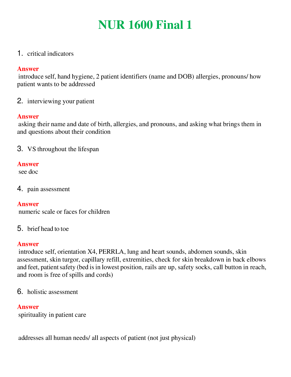 NUR 1600   FINAL 1 | COMPLETE ANSWERS 100% CORRECT
