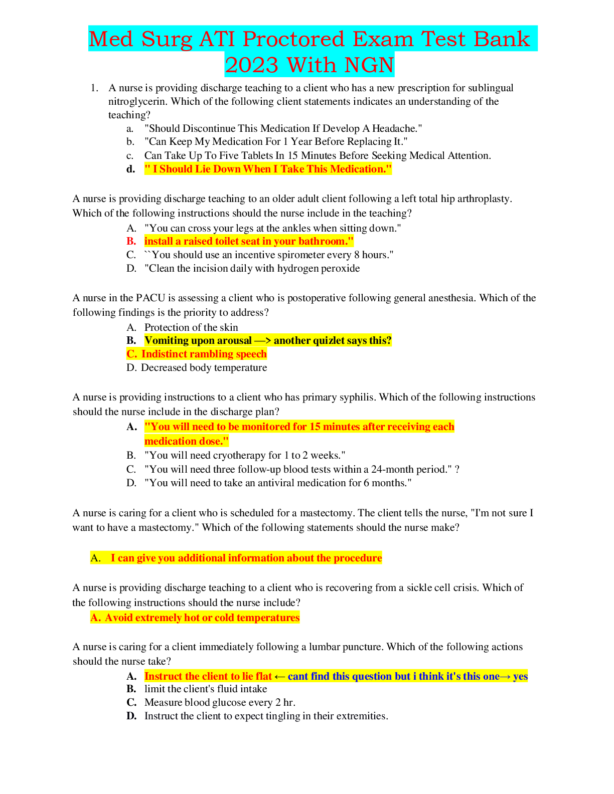 Recommended document preview for Med Surg ATI Proctored Exam Test Bank 2023 With NGN