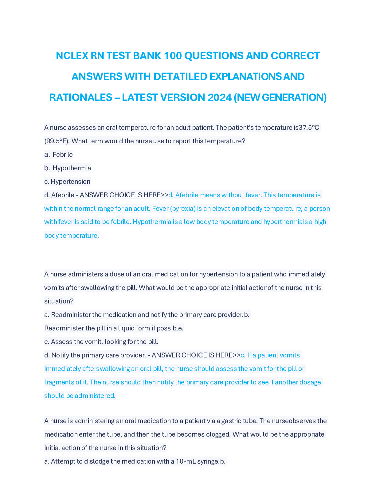 Preview of NCLEX RN TEST BANK 100 QUESTIONS AND CORRECT ANSWERS WITH DETATILED EXPLANATIONS AND RATIO