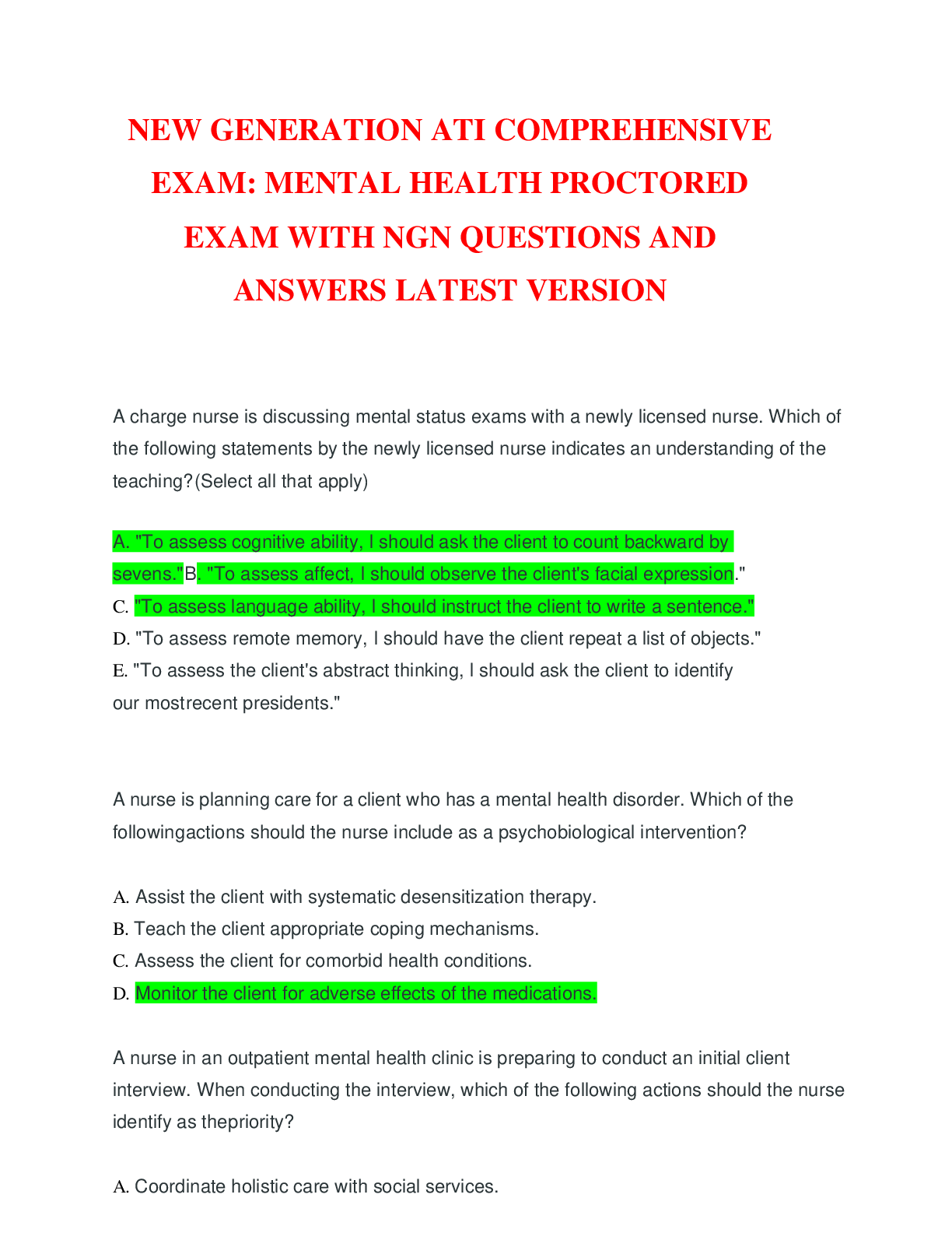 Preview of NEW GENERATION ATI COMPREHENSIVE EXAM-MENTAL HEALTH PROCTORED EXAM WITH NGN QUESTIONS AND