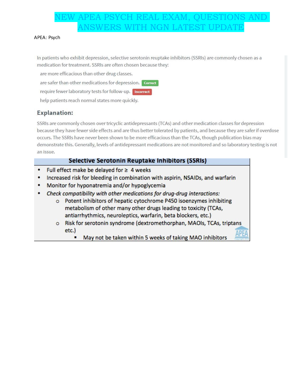 Preview image for NEW APEA PSYCH REAL EXAM, QUESTIONS AND ANSWERS WITH NGN LATEST UPDATE