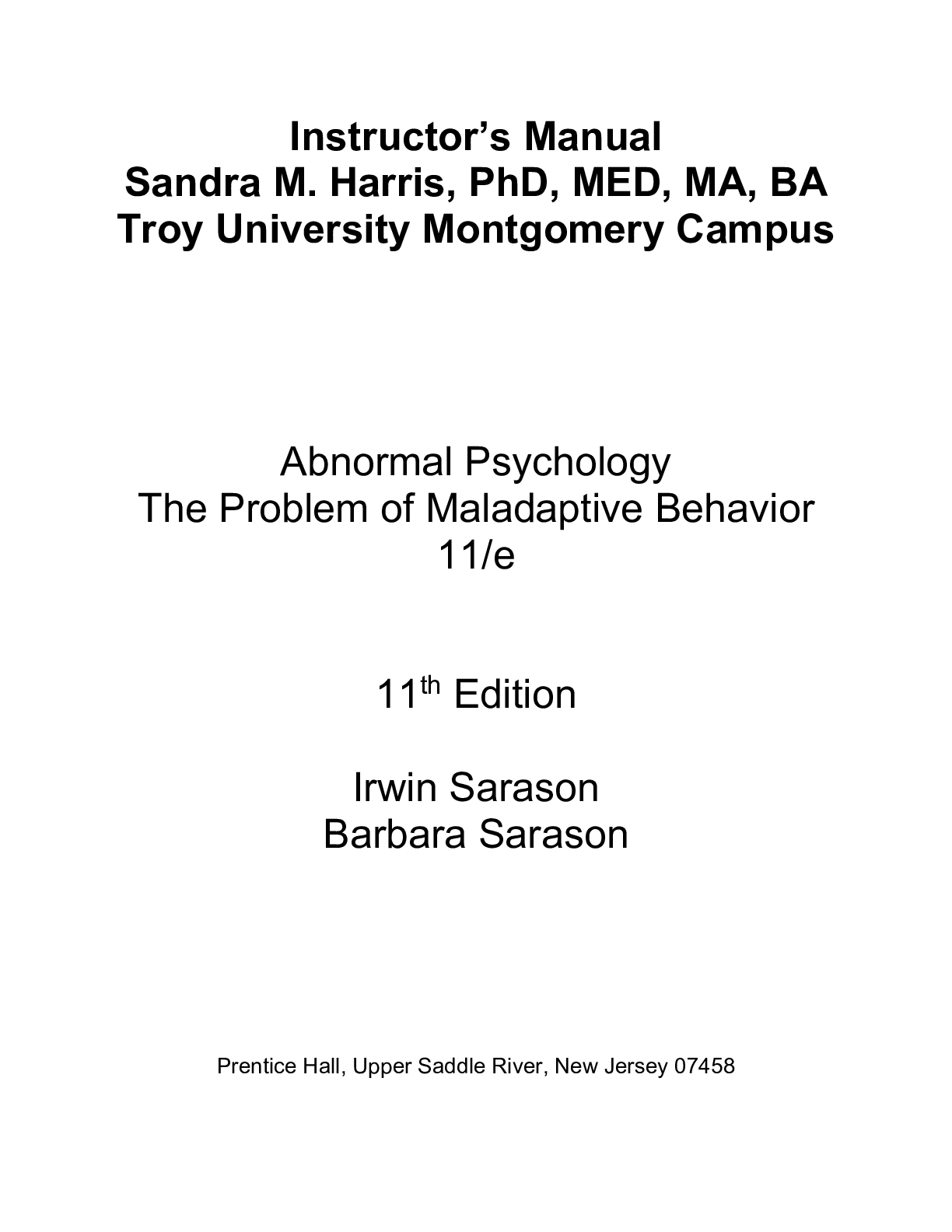 Preview image for Instructor Manuals  for Abnormal Psychology The Problem of Maladaptive Behavior, 11E Irwin G. Sarason