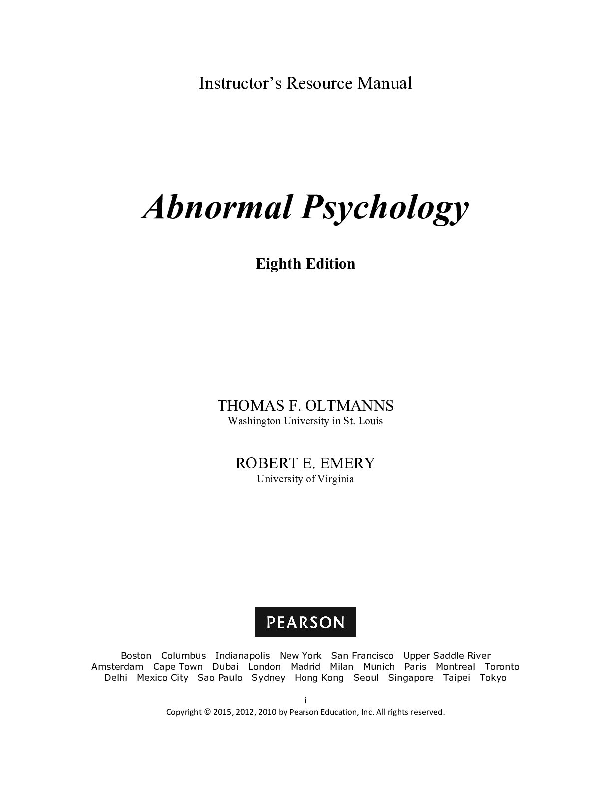 Preview image for Instructor Manuals  for Abnormal Psychology, 8E Thomas F. Oltmanns Robert E. Emery
