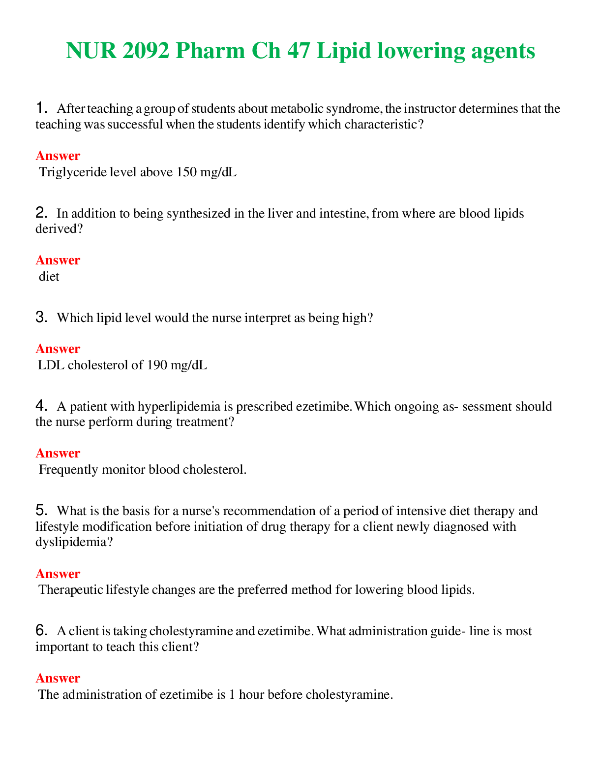 Preview image for NUR 2092   PHARM CH 47 LIPID LOWERING AGENTS | QUESTIONS AND ANSWERS INCLUDED