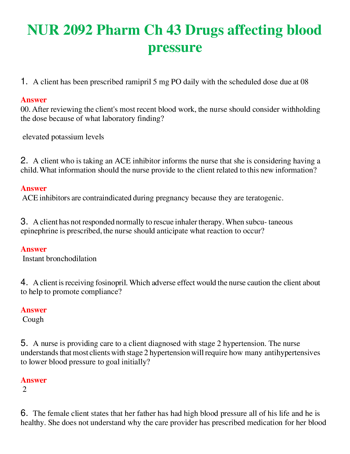 Preview image for NUR 2092   PHARM CH 43 DRUGS AFFECTING BLOOD PRESSURE | COMPLETE QUESTIONS & ANSWERS (SOLVED) 100% CORRECT