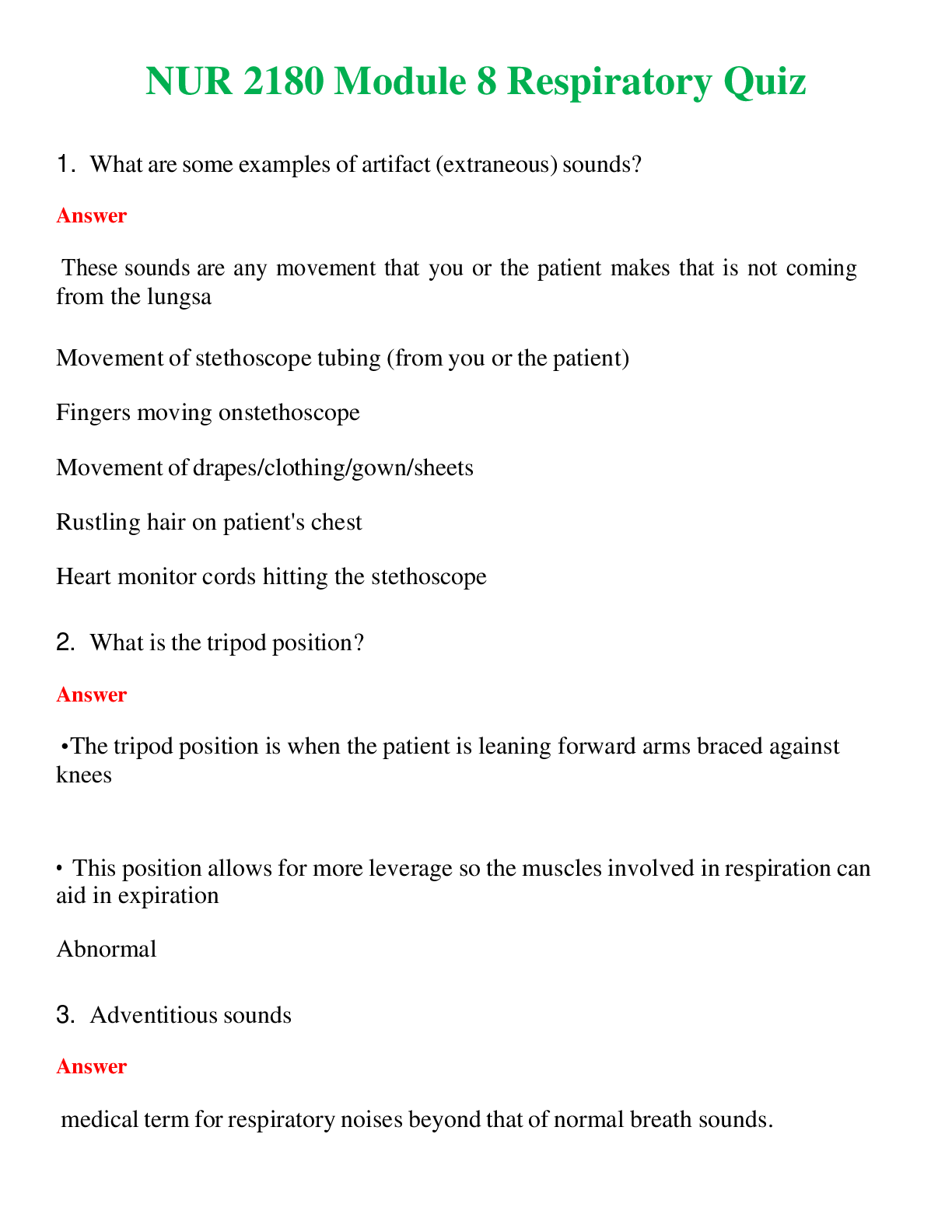 Preview image for NUR 2180   MODULE 8 RESPIRATORY QUIZ | ACTUAL QUESTIONS AND ANSWERS 100% CORRECT