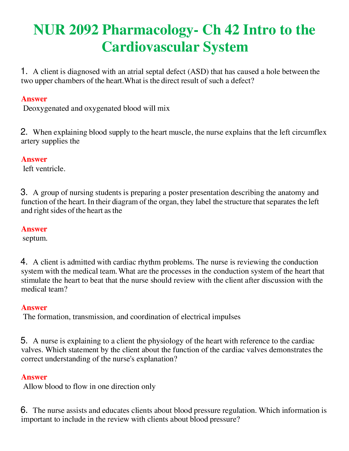 Preview image for NUR 2092   PHARMACOLOGY CH 42 INTRO TO THE CARDIOVASCULAR SYSTEM | COMPLETE ANSWERS 100% CORRECT