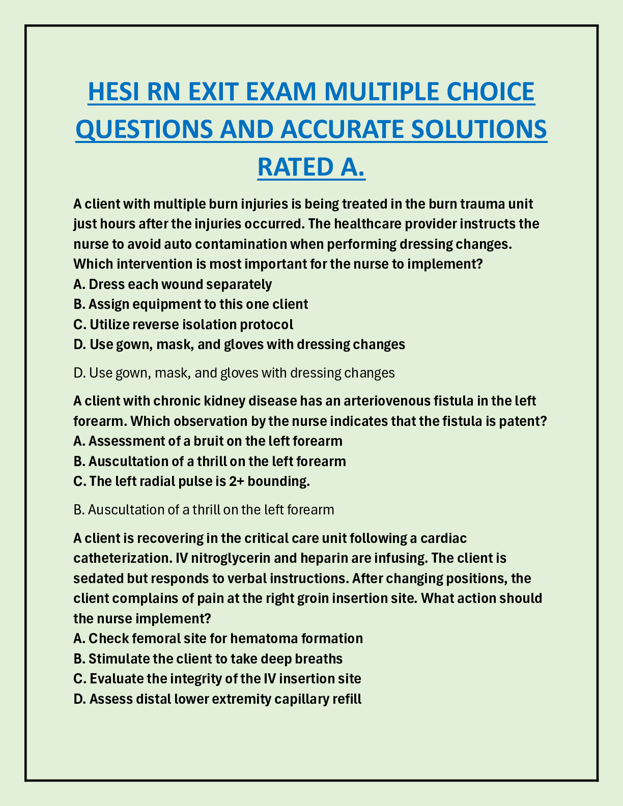 Preview image for HESI RN EXIT EXAM MULTIPLE CHOICE  QUESTIONS AND ACCURATE SOLUTIONS  RATED A.