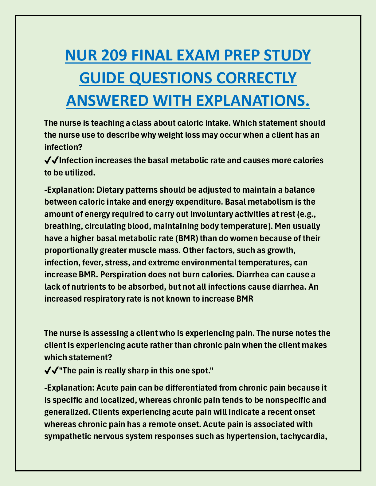 Preview image for NUR 209 FINAL EXAM PREP STUDY  GUIDE QUESTIONS CORRECTLY  ANSWERED WITH EXPLANATIONS.