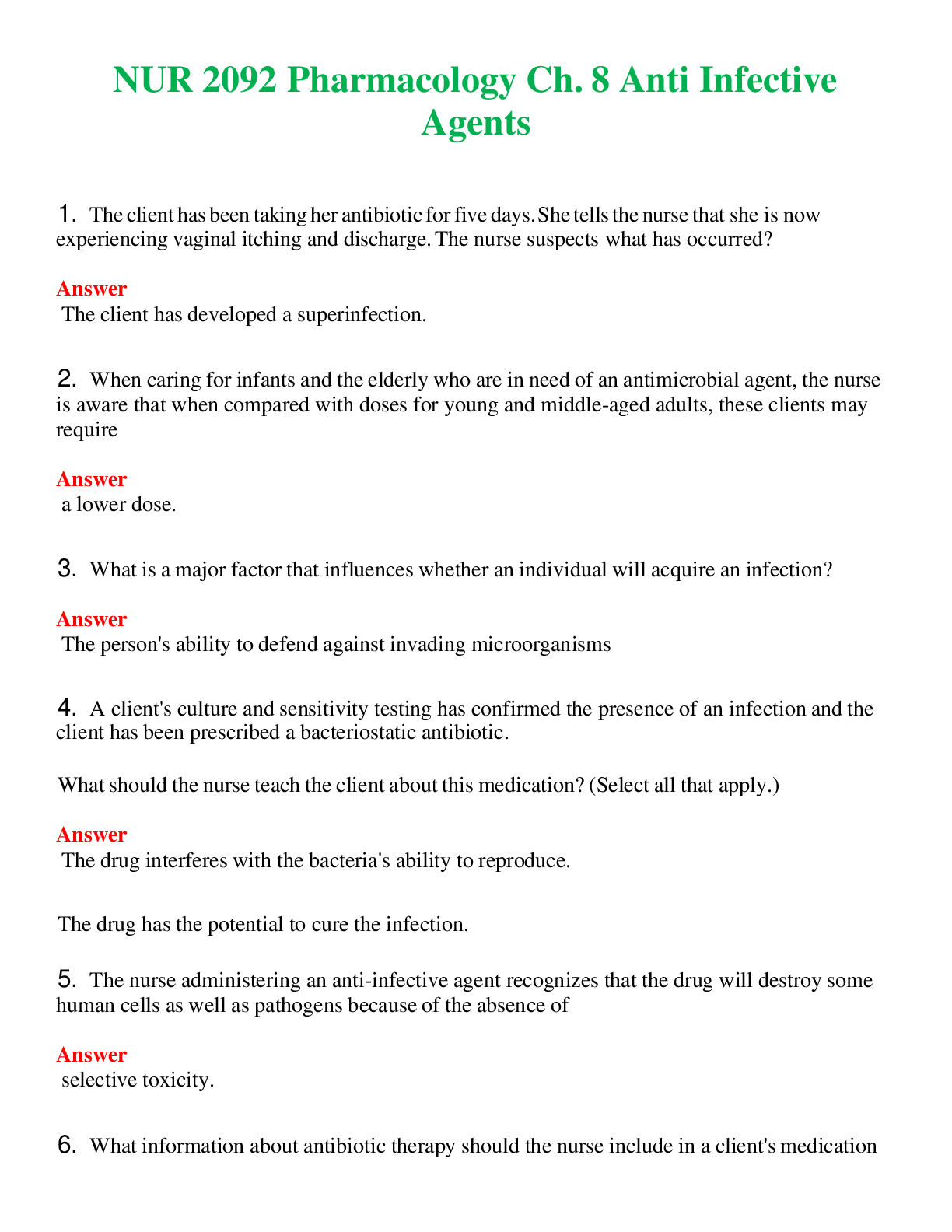Preview image for NUR 2092   PHARMACOLOGY  CH. 8 ANTI INFECTIVE AGENTS | COMPLETE QUESTIONS & ANSWERS (SOLVED) 100% CORRECT