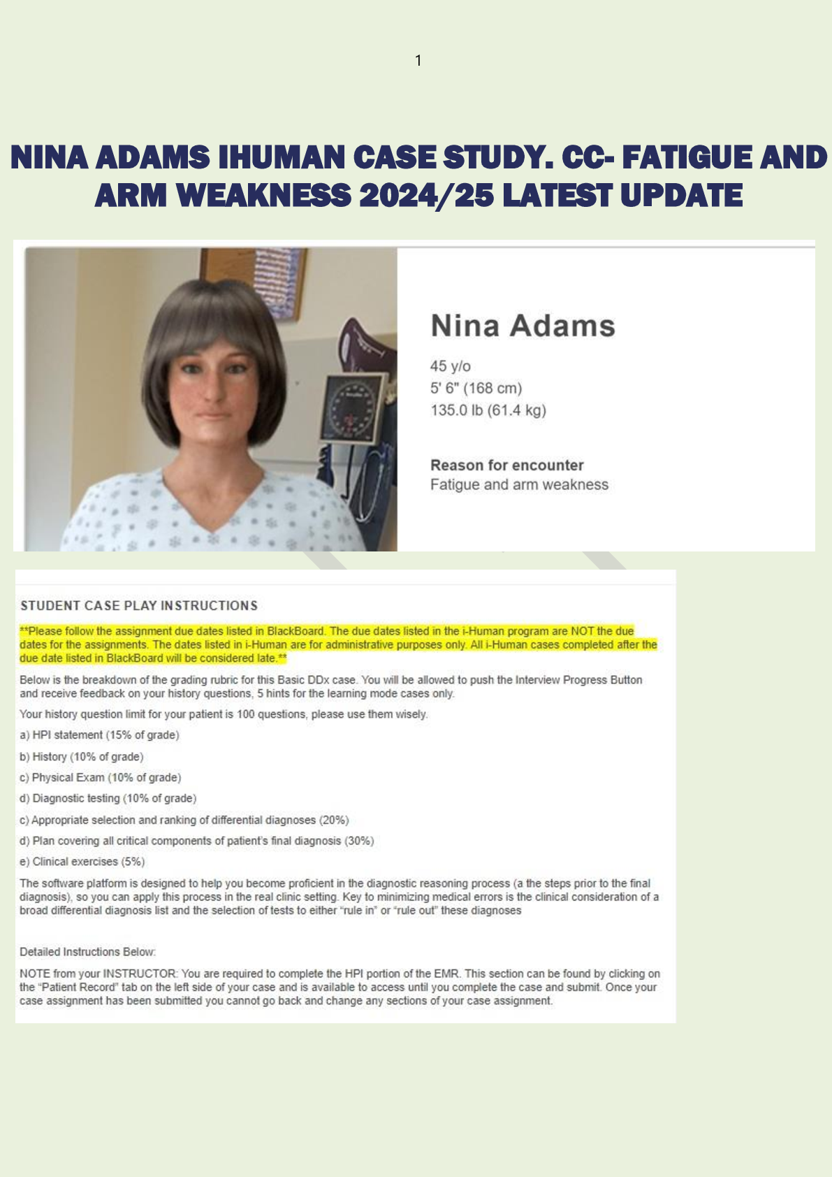 Preview image for NINA ADAMS IHUMAN CASE STUDY. CC- FATIGUE AND  ARM WEAKNESS 2024/25 LATEST UPDATE