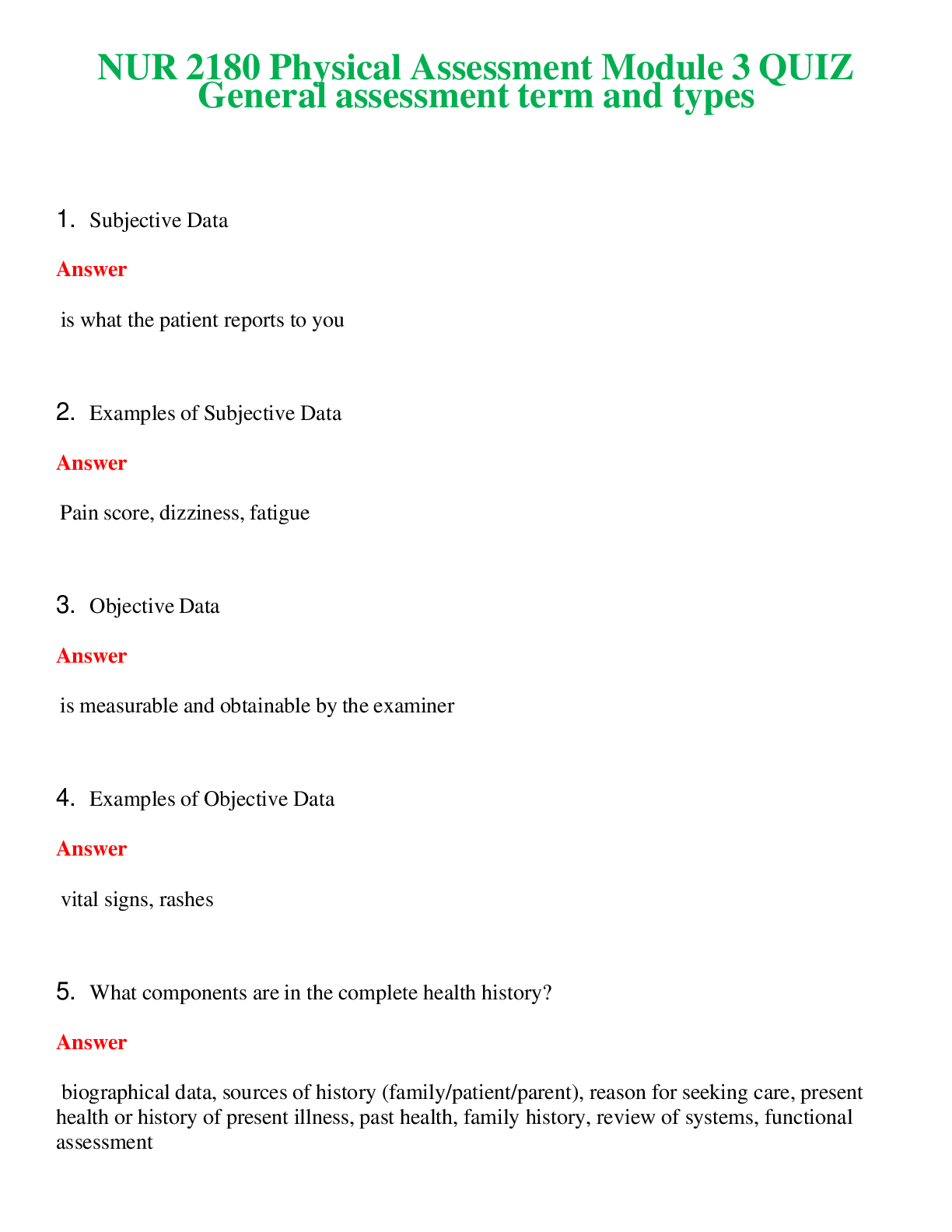 Preview image for NUR 2180   PHYSICAL ASSESSMENT MODULE 3 QUIZ GENERAL ASSESSMENT TERMS AND TYPES | COMPLETE ANSWERS 100% CORRECT