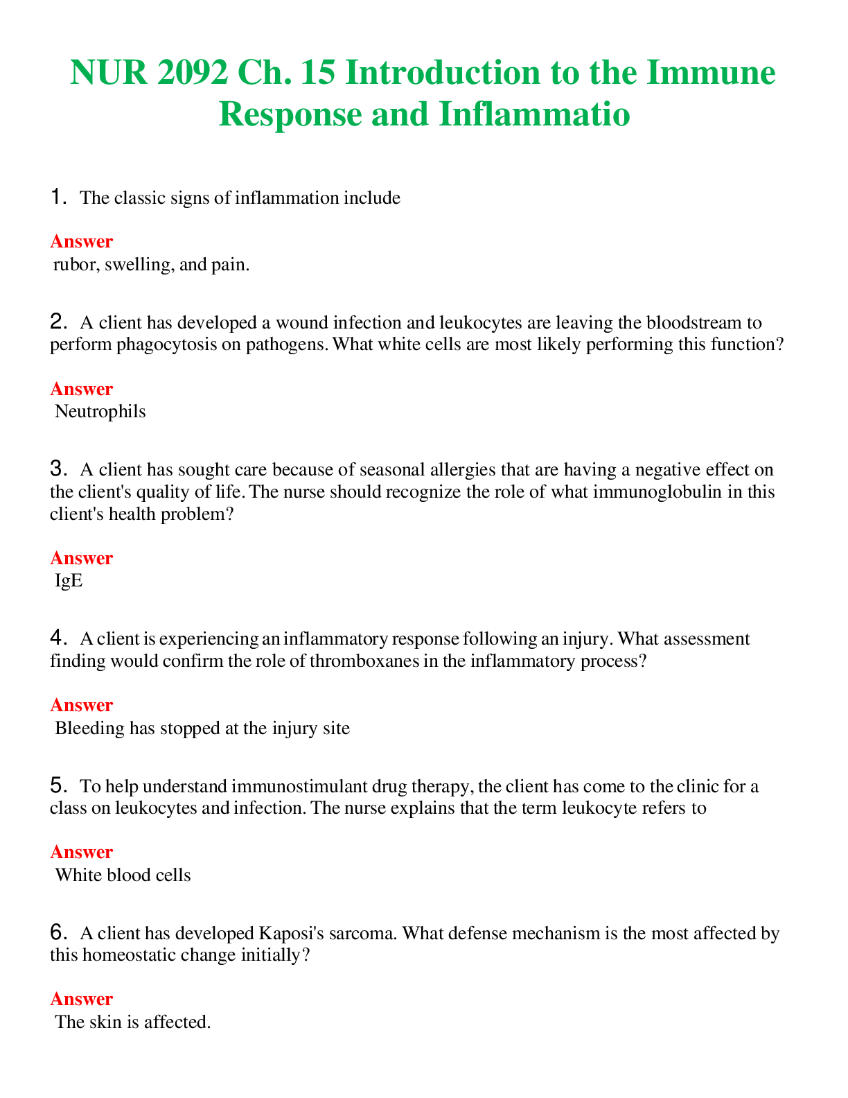 NUR 2092   CH. 15 INTRODUCTION TO THE IMMUNE RESPONSE AND INFLAMMATION | WITH 100% VERIFIED ANSWERS