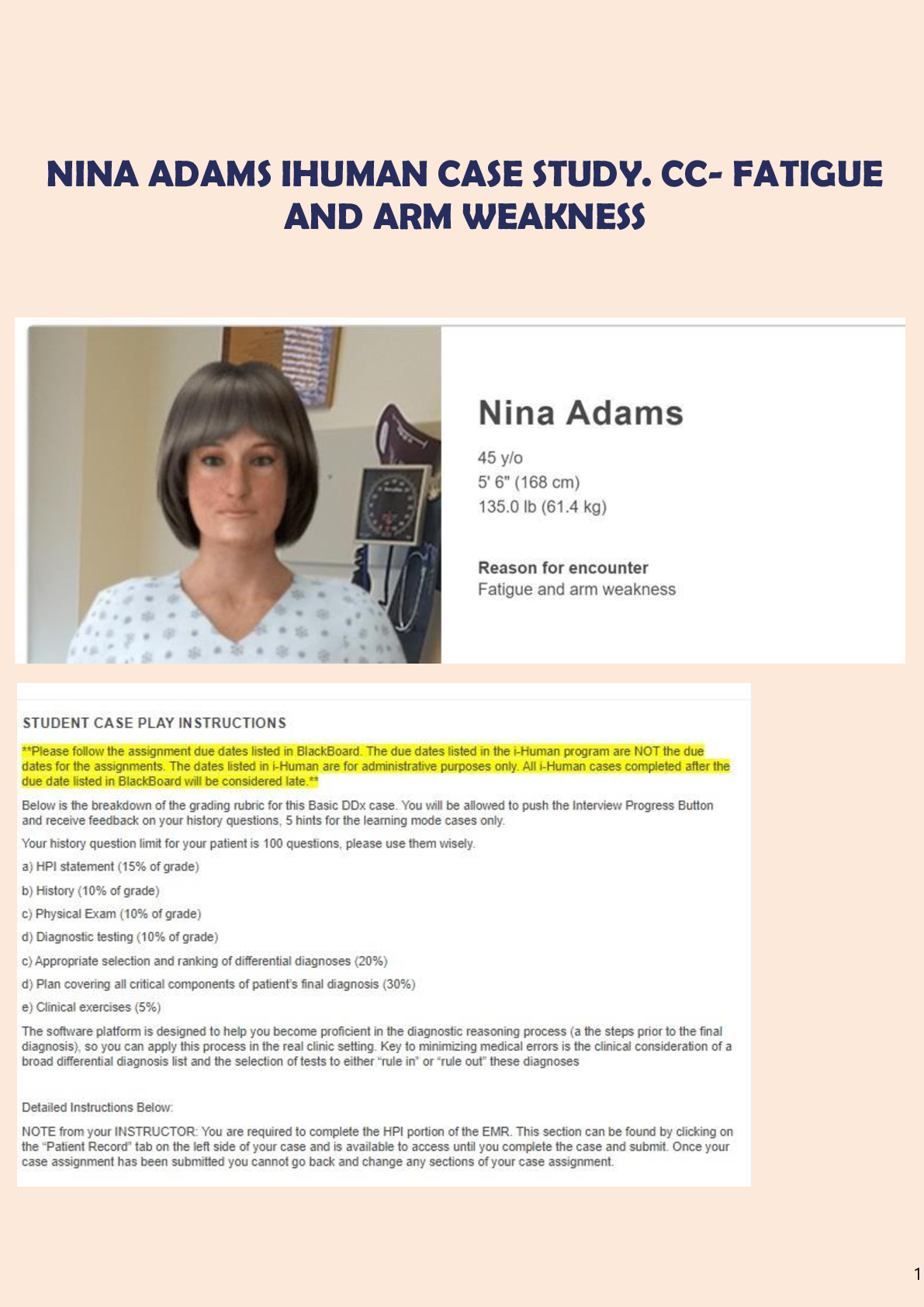 Preview image for NINA ADAMS IHUMAN CASE STUDY. CC- FATIGUE AND ARM WEAKNESS