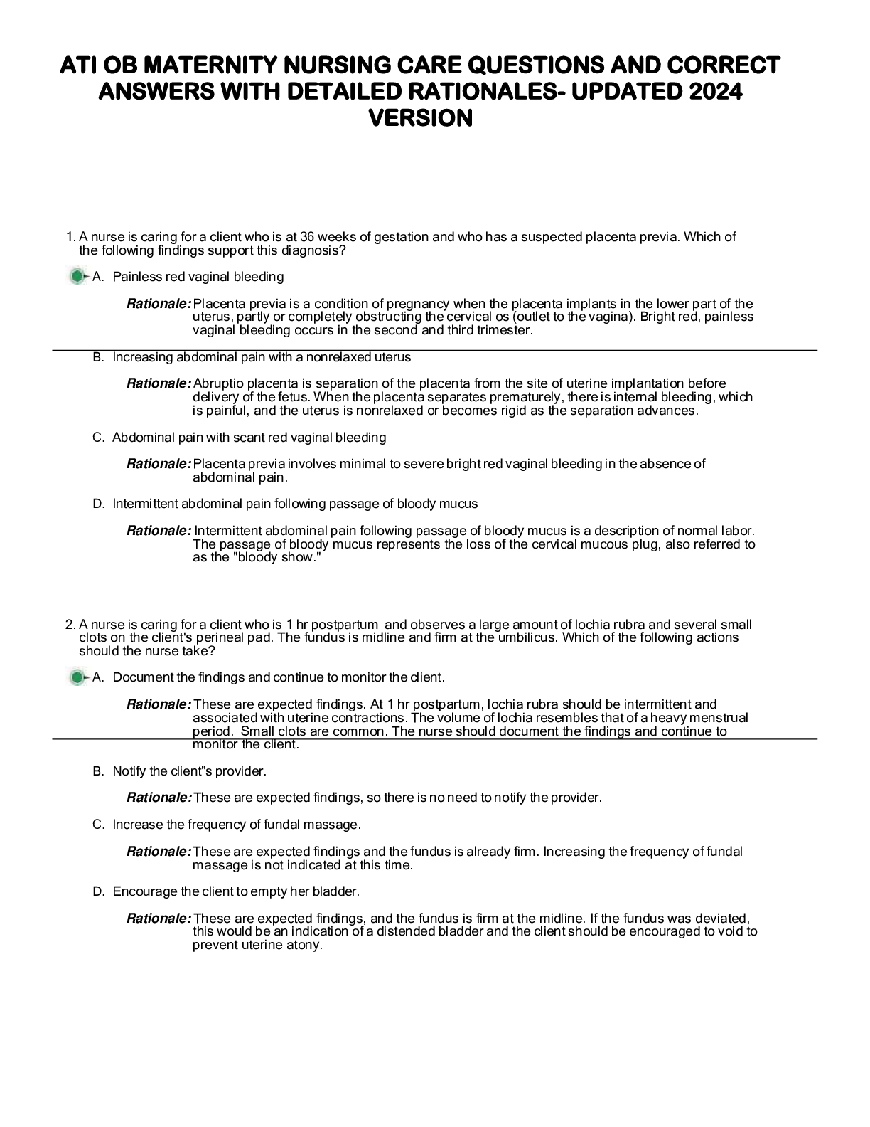 Preview image for ATI OB MATERNITY NURSING CARE QUESTIONS AND CORRECT ANSWERS WITH DETAILED RATIONALES- UPDATED 2024 VERSION
