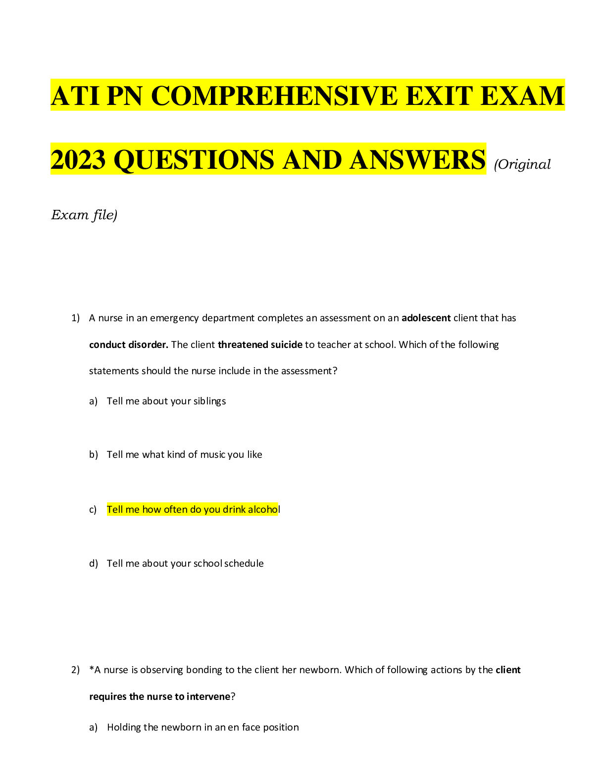 Preview image for ATI PN COMPREHENSIVE EXIT EXAM 2023 QUESTIONS AND ANSWERS (Original Exam file)