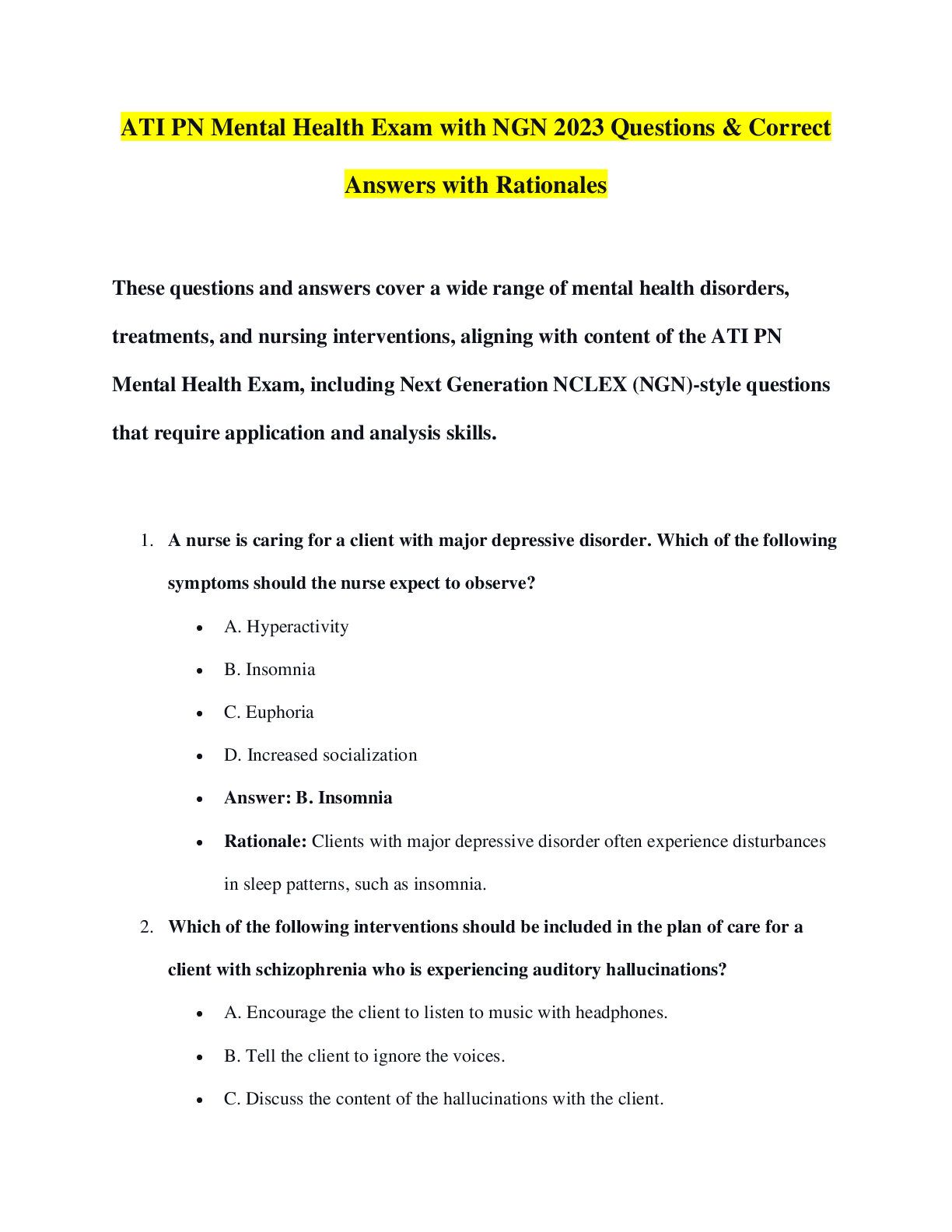 Preview image for ATI PN Mental Health Exam with NGN 2023 Questions & Correct Answers with Rationales
