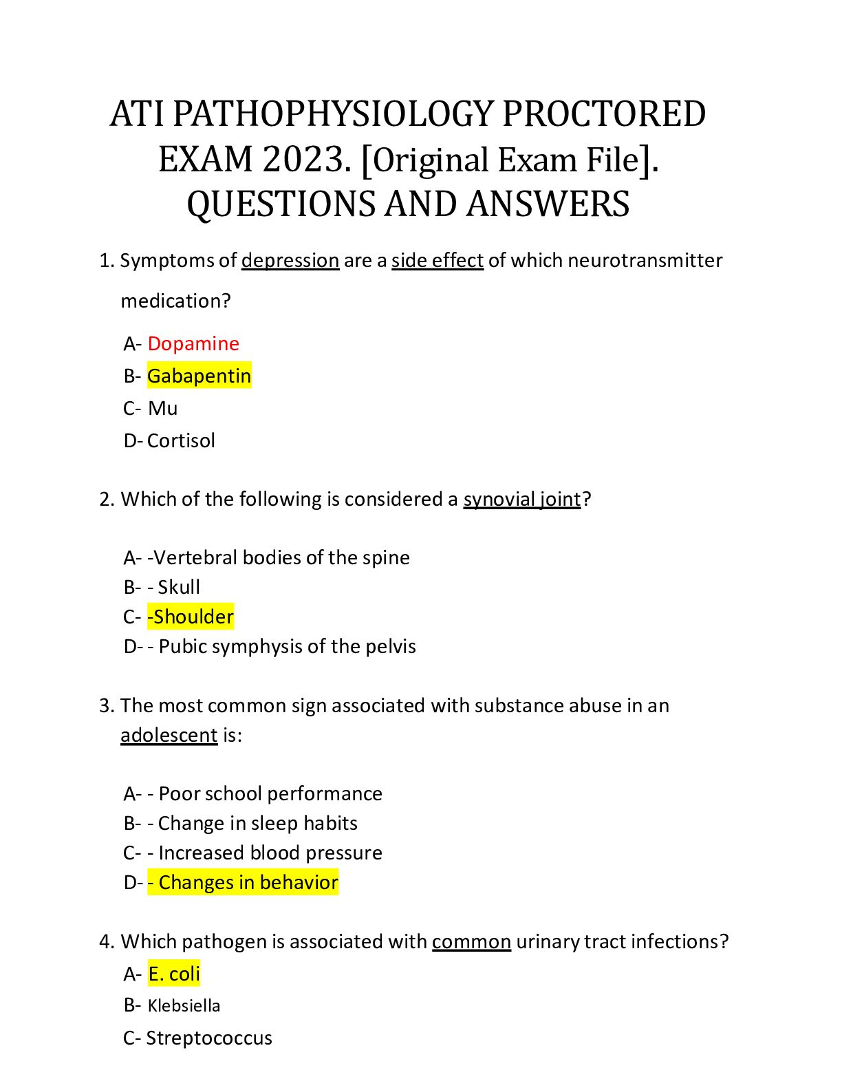 Preview image for ATI PATHOPHYSIOLOGY PROCTORED EXAM 2023. [Original Exam File]. QUESTIONS AND ANSWERS