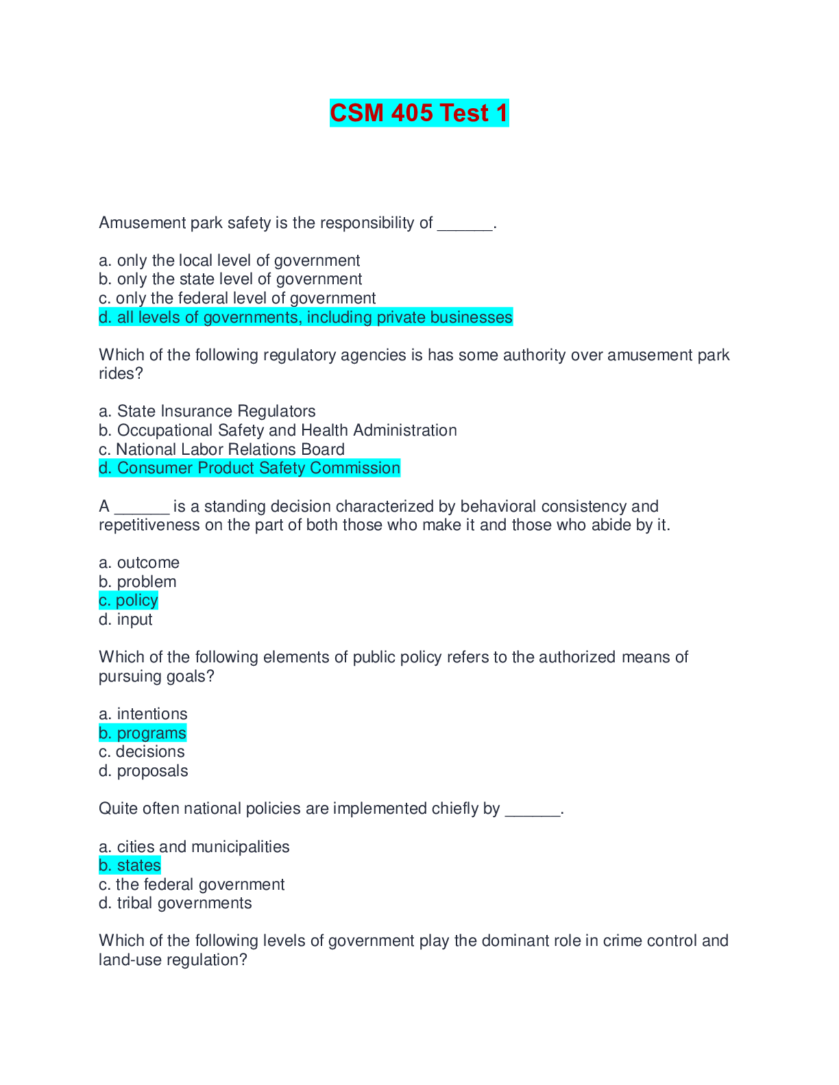 Preview of CSM 405 Test 1 | Verified with 100% Correct Answers