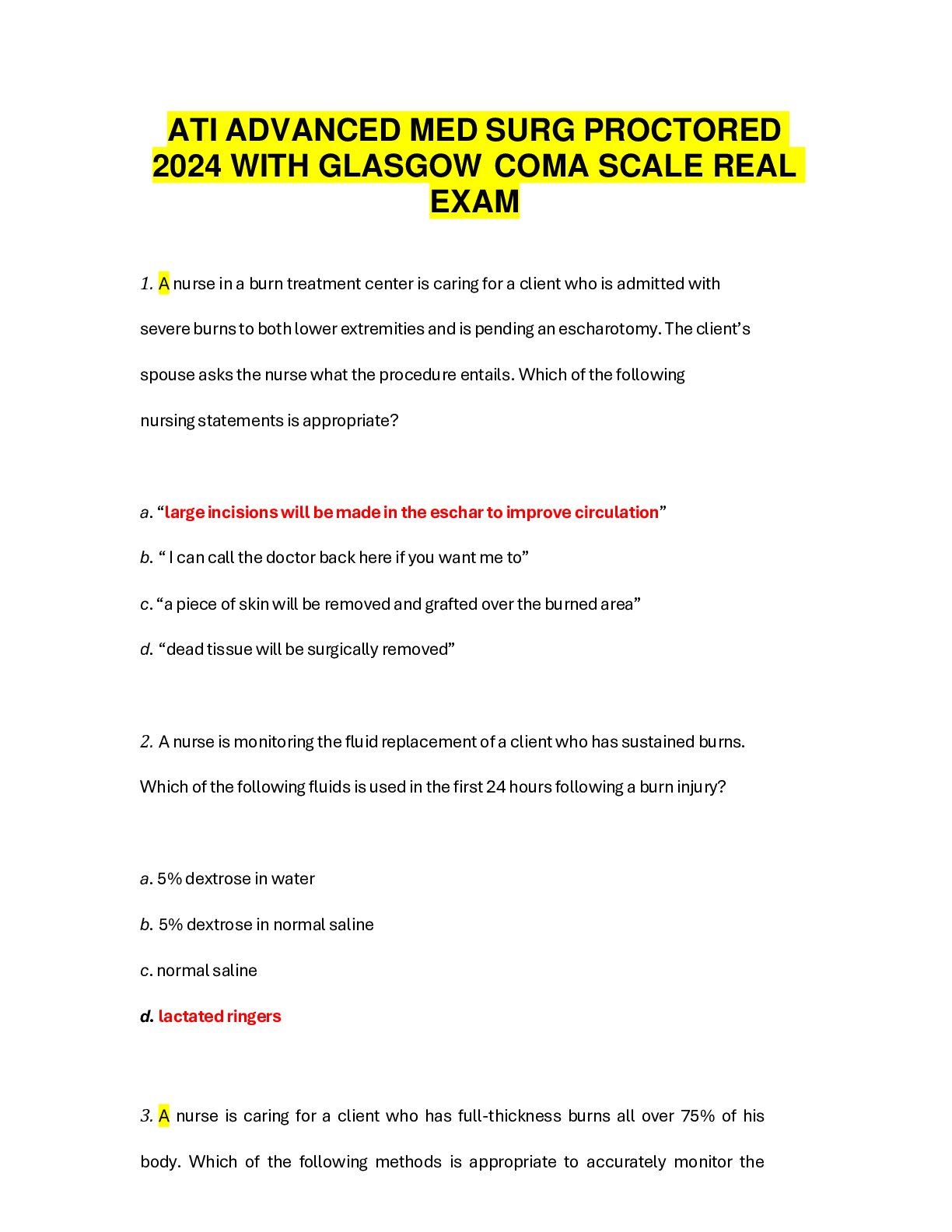 Preview image for ATI ADVANCED MED SURG PROCTORED 2024 WITH GLASGOW   COMA SCALE REAL EXAM