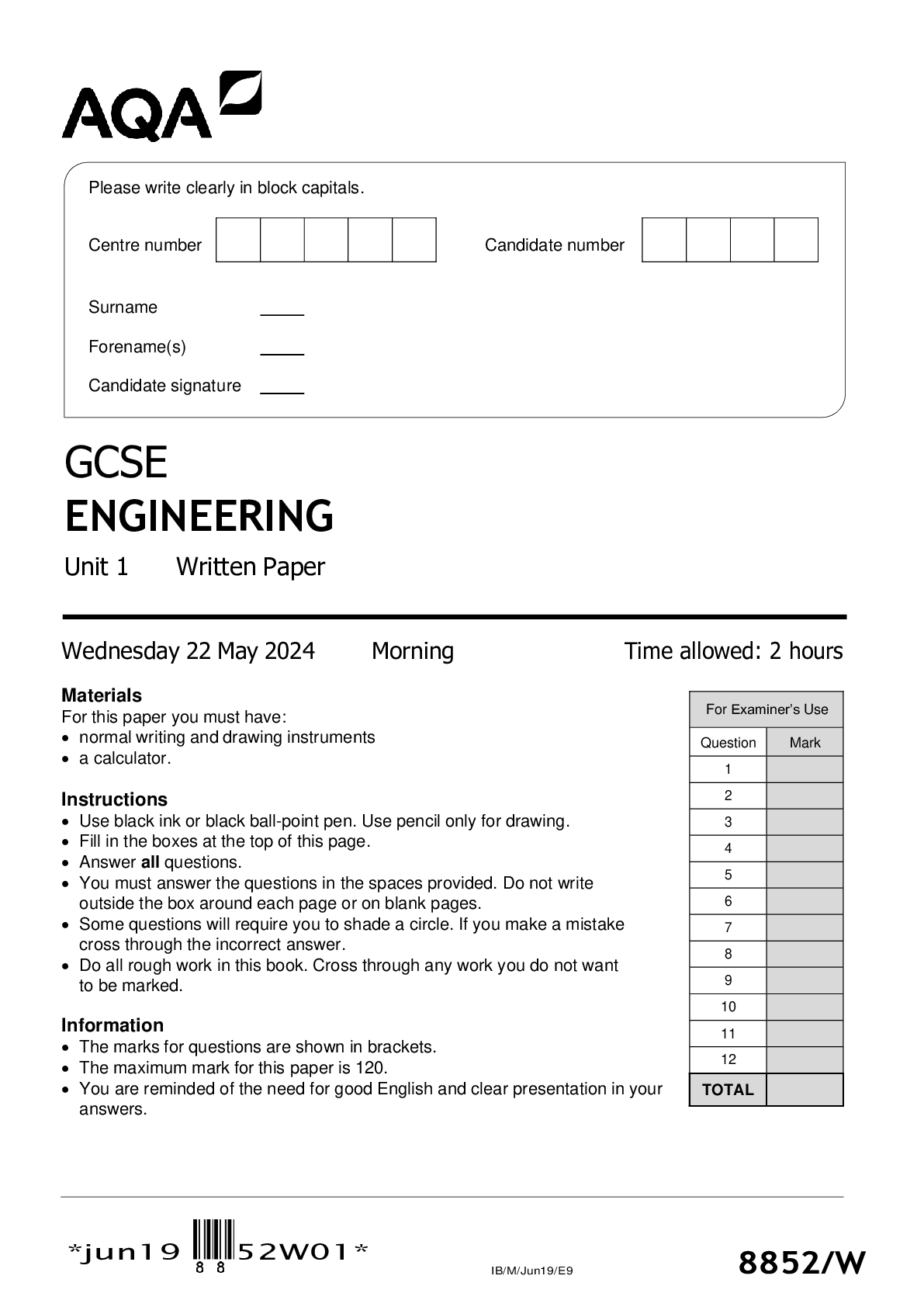 Preview image for 2023 AQA GCSE ENGINEERING 8852W Unit 1 Written Paper Question Paper & Mark scheme (Merged) June 20