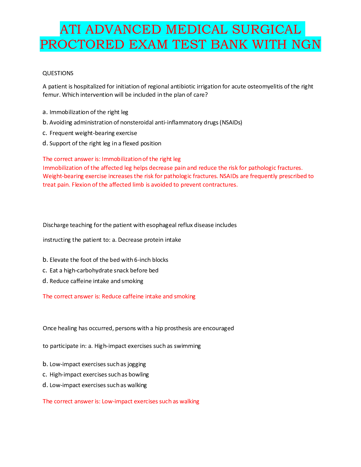 Preview image for ATI ADVANCED MEDICAL SURGICAL PROCTORED EXAM TEST BANK WITH NGN