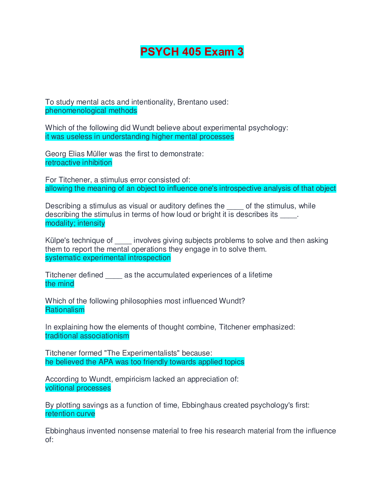 Preview of PSYCH 405 Exam 3 | Questions and Answers