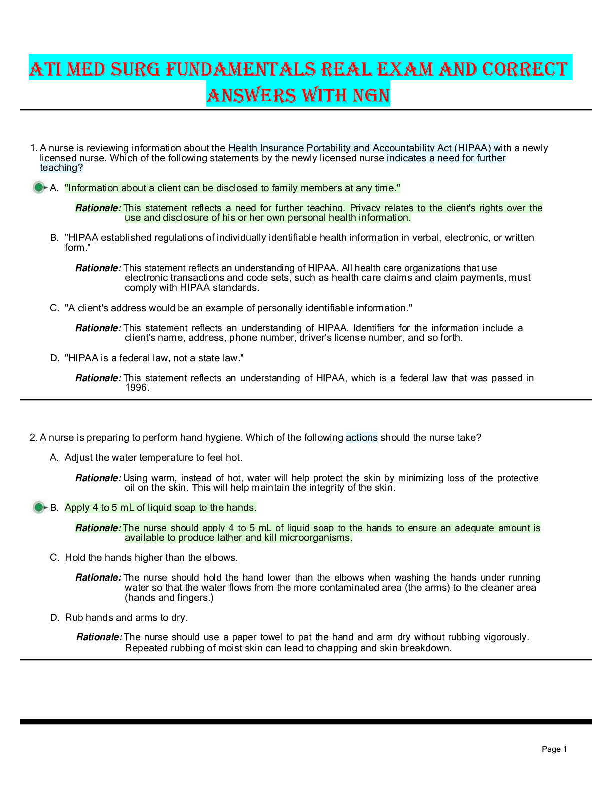 Preview image for ATI MED SURG FUNDAMENTALS PROCTORED  REAL EXAM AND VERIFIED CORRECT ANSWERS WITH NGN
