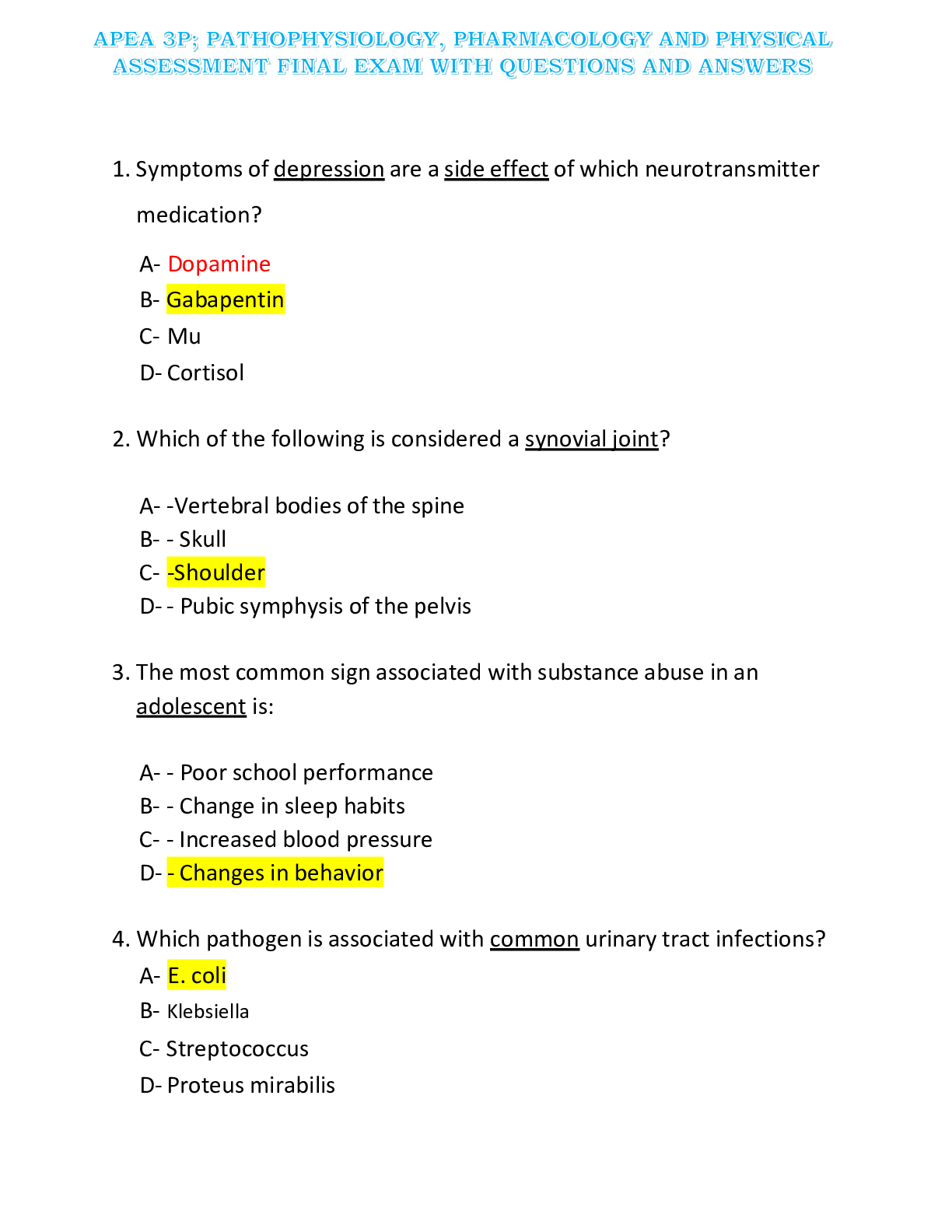 Preview image for APEA 3P; PATHOPHYSIOLOGY, PHARMACOLOGY AND PHYSICAL ASSESSMENT FINAL EXAM WITH QUESTIONS AND ANSWERS