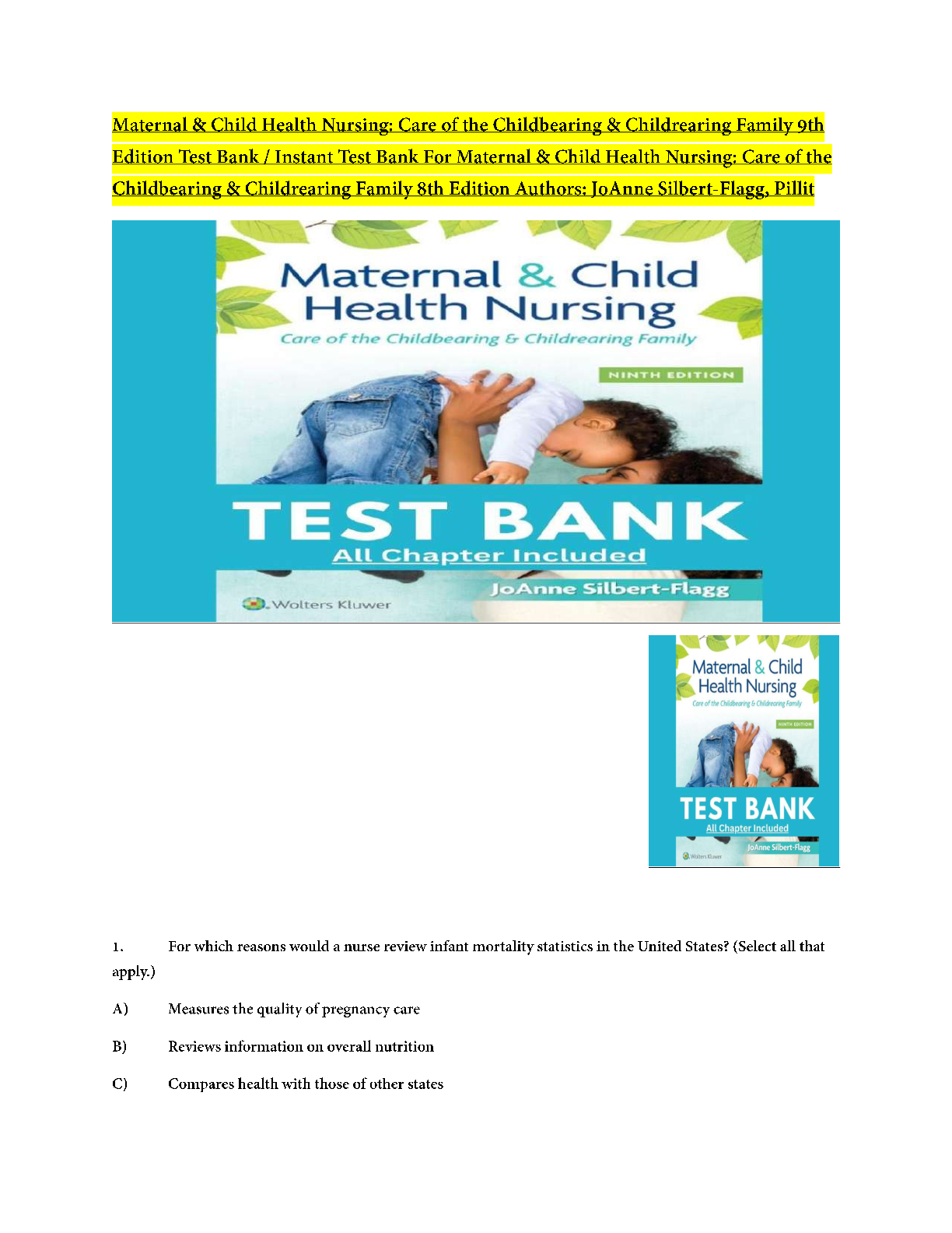 Preview image for TEST BANK FOR MATERNAL & CHILD HEALTH NURSING 9TH EDITION CARE OF THE CHILDBEARING & CHILDREARING FAMILY By JoAnne Silbert-Flagg