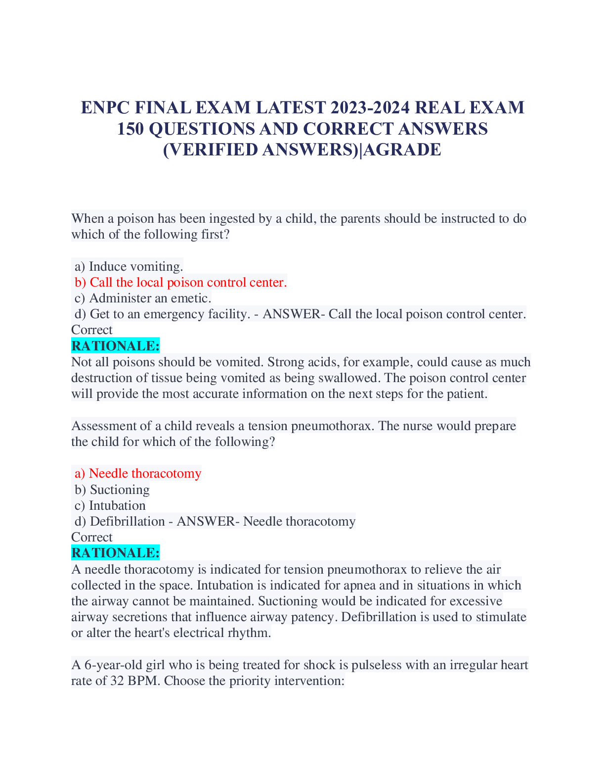 Preview image for ENPC FINAL EXAM LATEST 2023-2024 REAL EXAM 150 QUESTIONS AND CORRECT ANSWERS (VERIFIED ANSWERS)|AGRAD